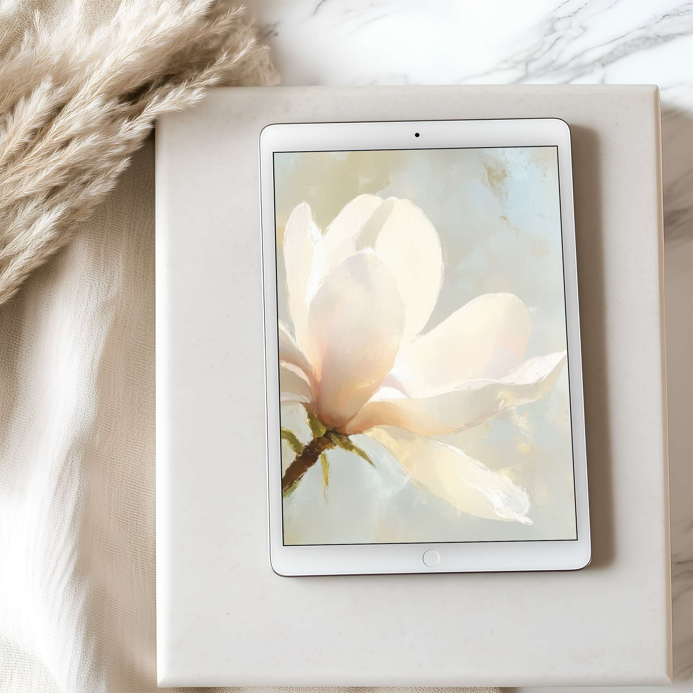 Elegant white magnolia tablet wallpaper in high resolution, perfect for iPad or Android tablets, evoking calm and sustainable beauty