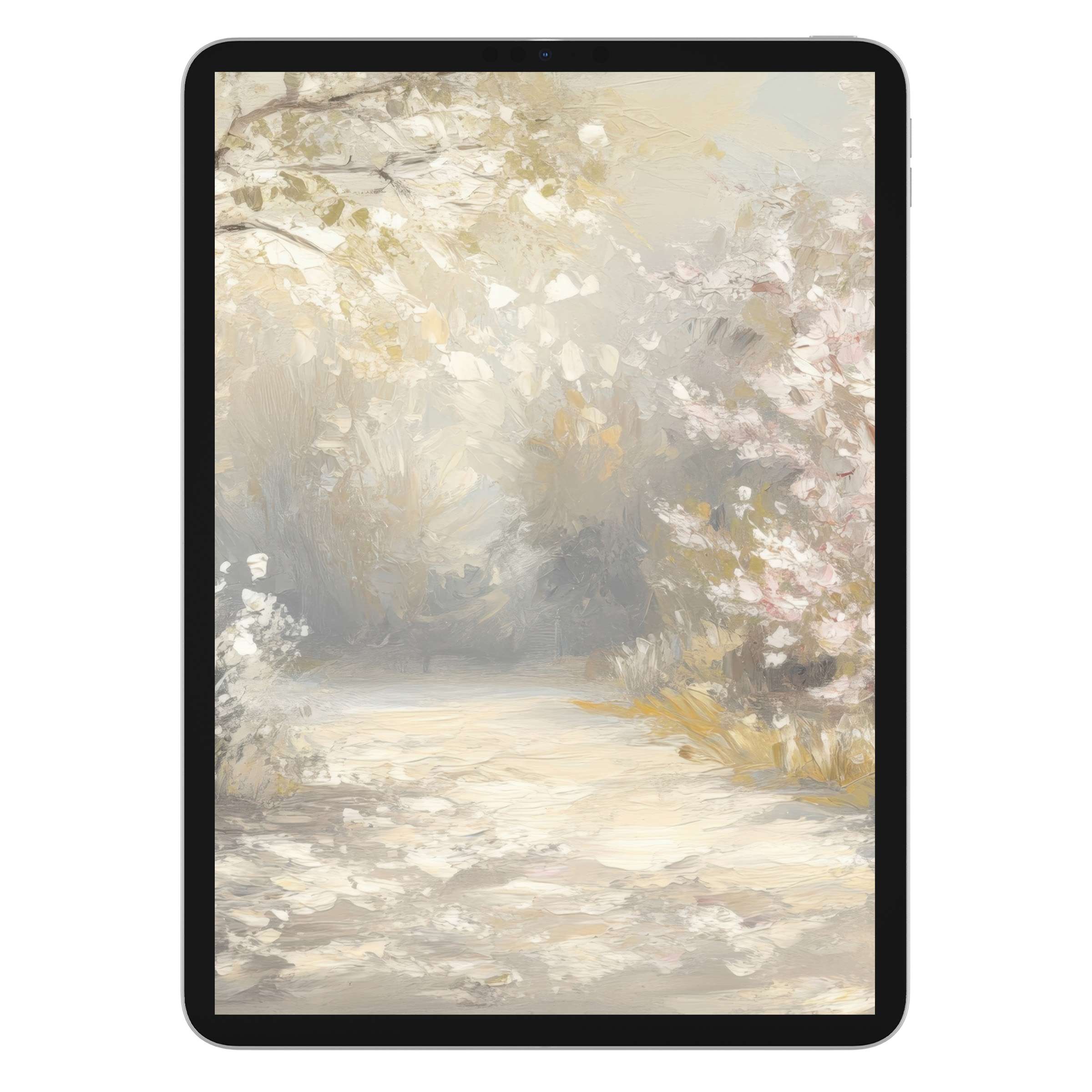 Spring iPad wallpaper offering a soft pastel digital download, perfect tablet background enhancing peace and eco-friendly design