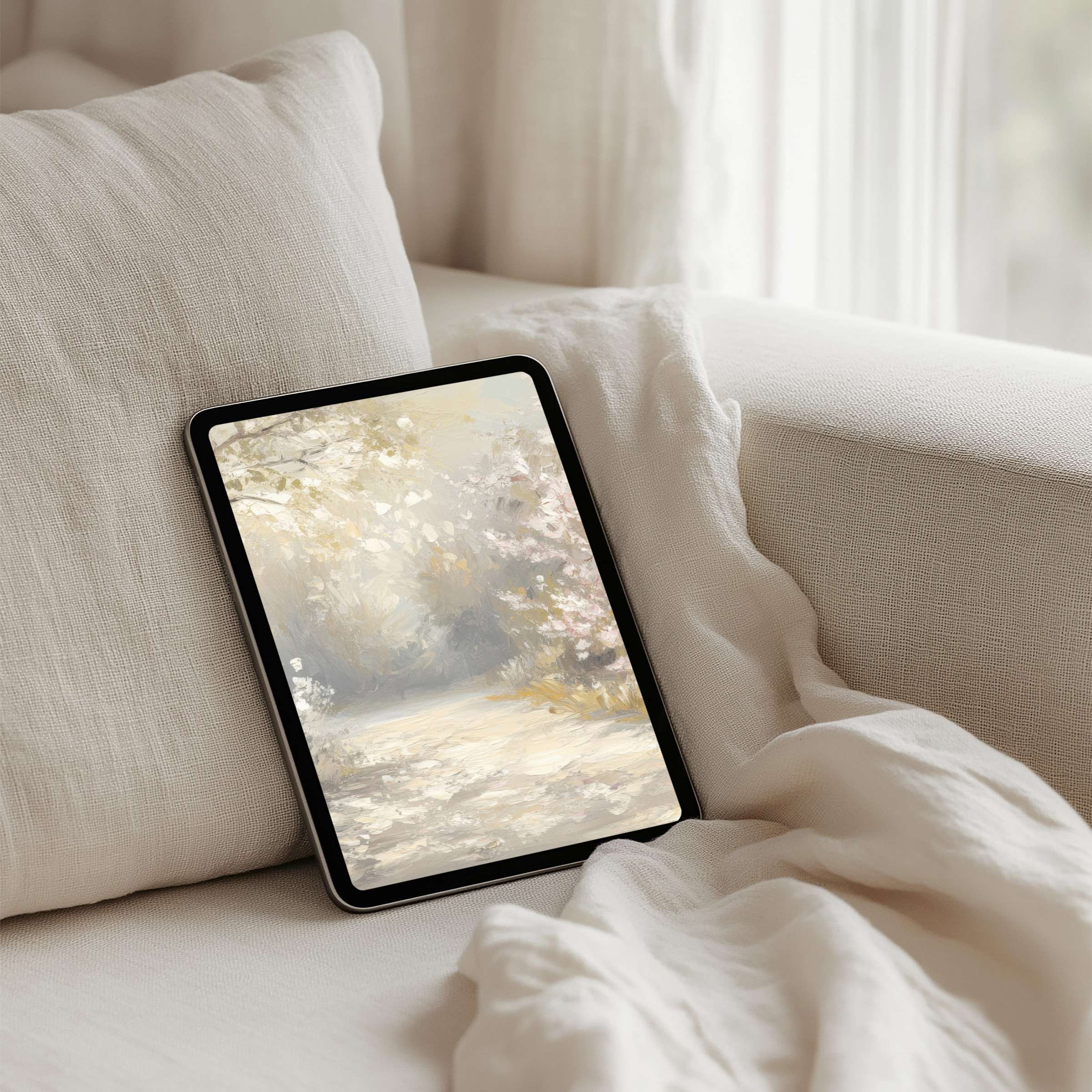 Elegant iPad background featuring serene, muted brushstrokes for a calming vibe, perfect as an instant download for any tablet user
