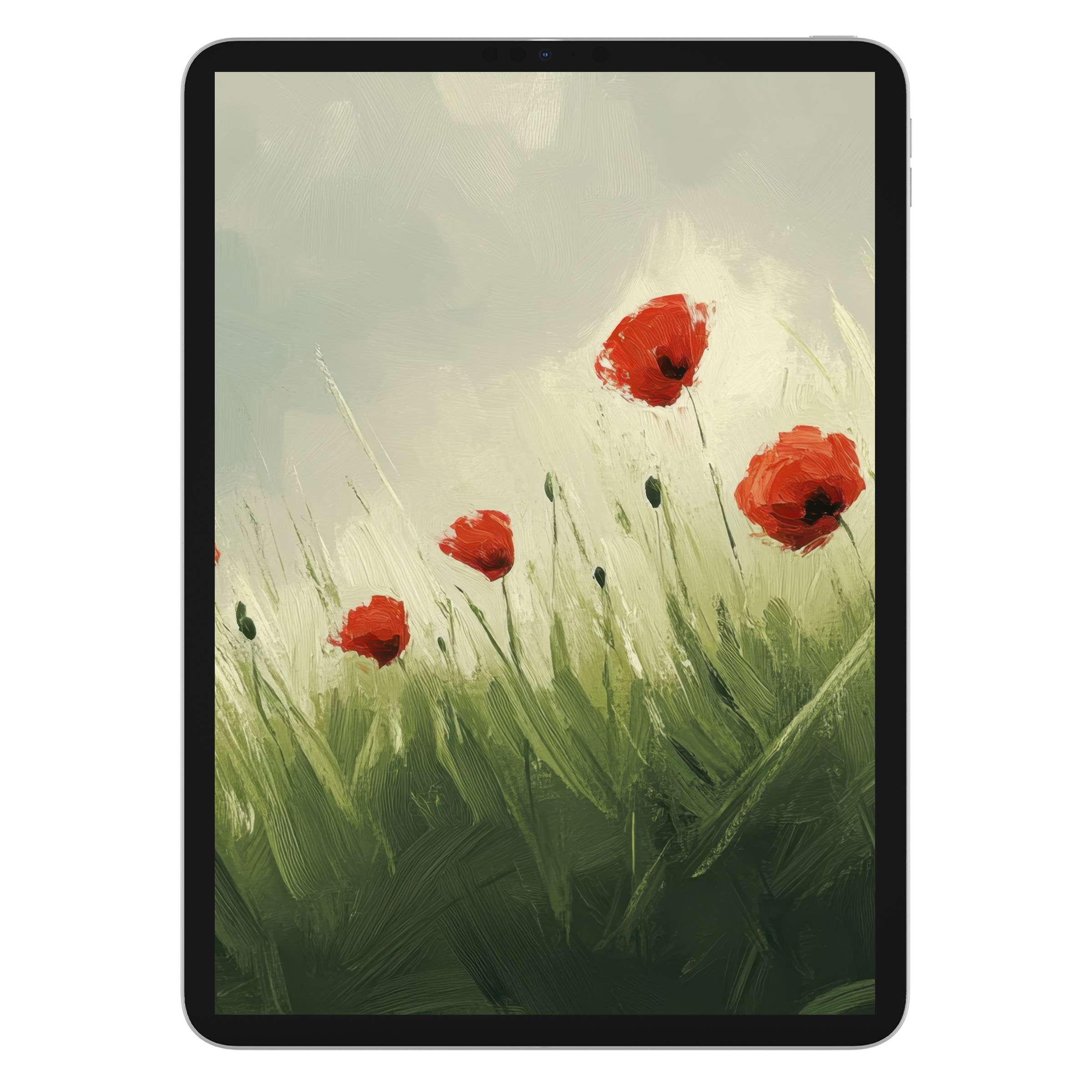 Lush red poppies sway against a soft green backdrop in this spring iPad wallpaper perfect for any tablet background digital download