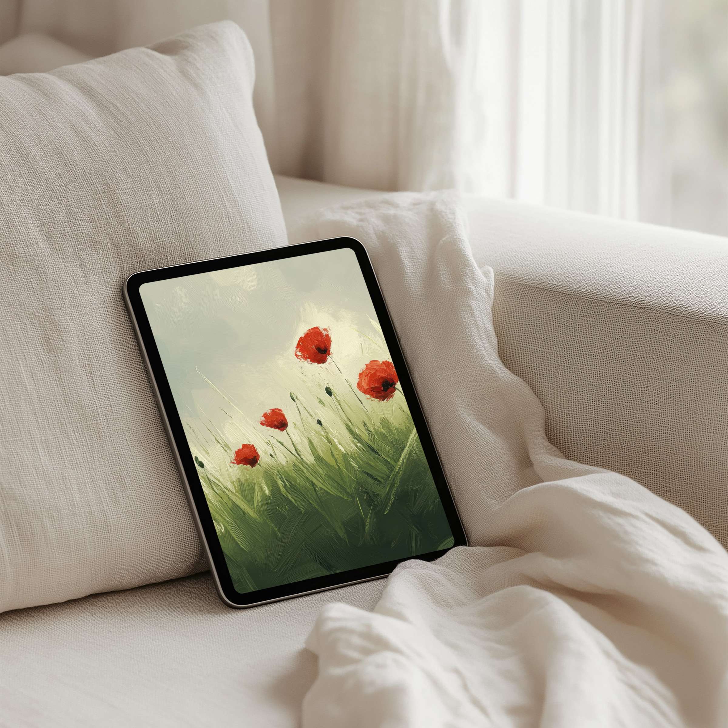 Elegant iPad background with serene poppy field painting for instant download on tablet; inspires calm and mindfulness