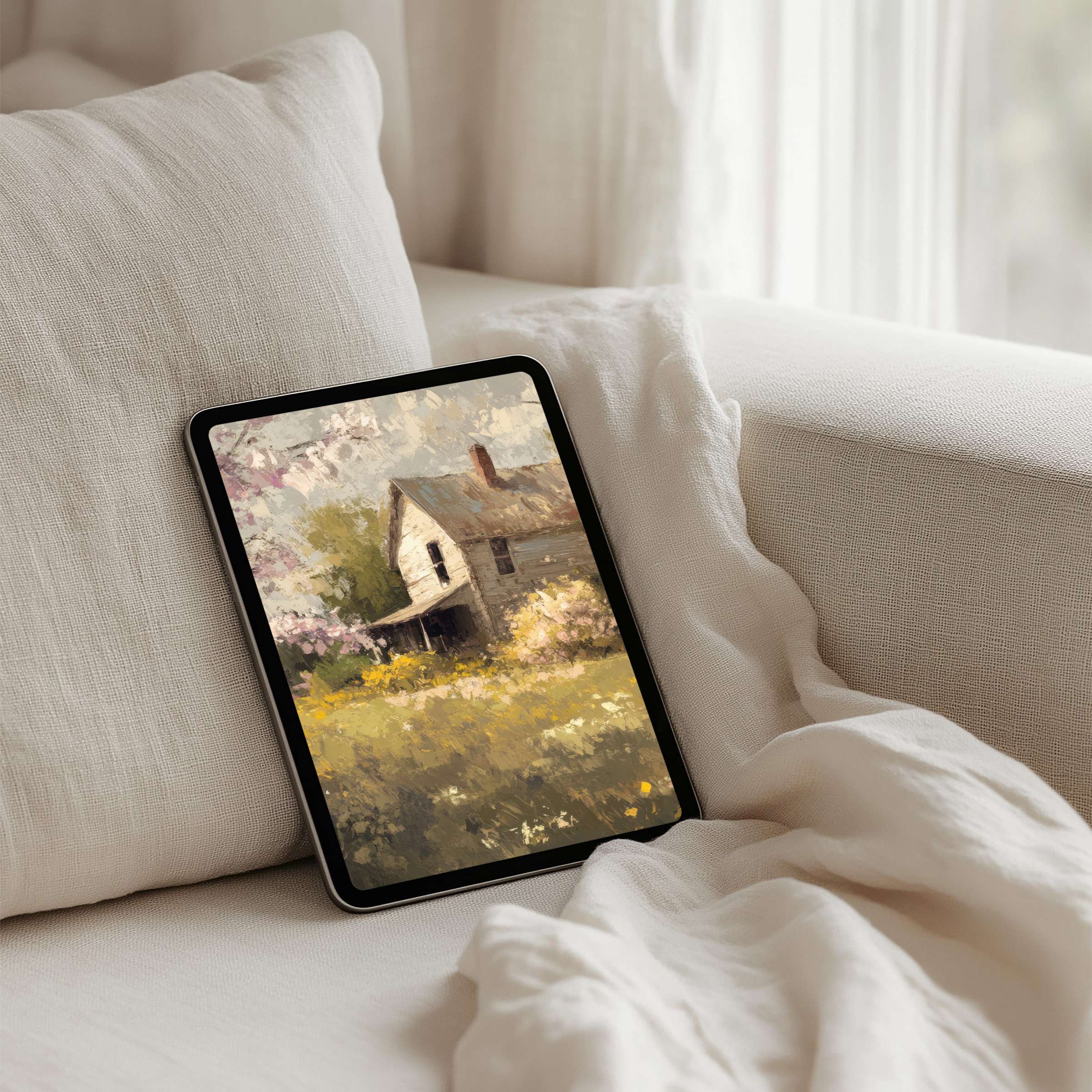 Calm iPad background featuring a serene cottage landscape offers inspiration for tablet users seeking instant download and elegance