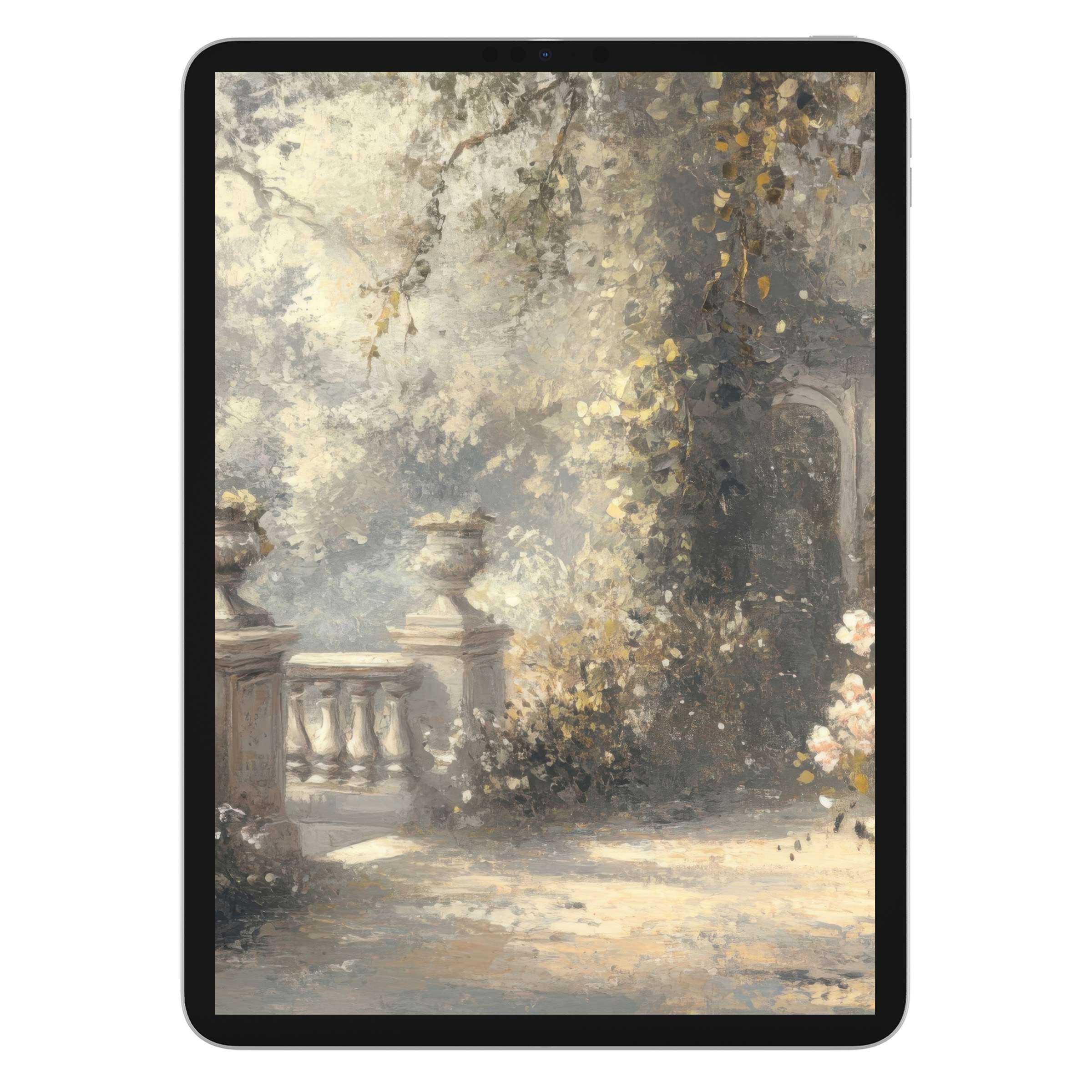 Elegant spring iPad wallpaper with serene garden scene, perfect digital download for calming tablet background on all Android devices