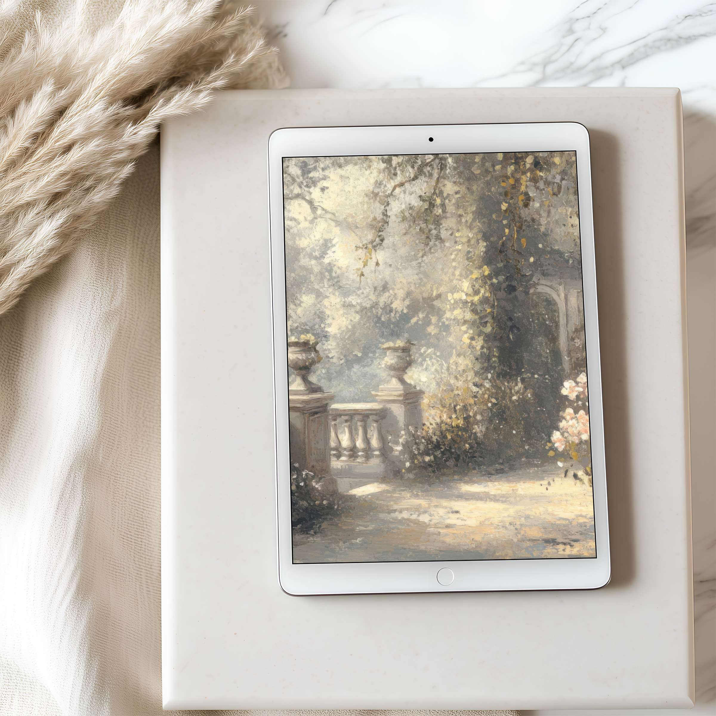 Elegant garden scene as tablet wallpaper offers high resolution beauty for iPad or Android tablets ideal for digital downloads