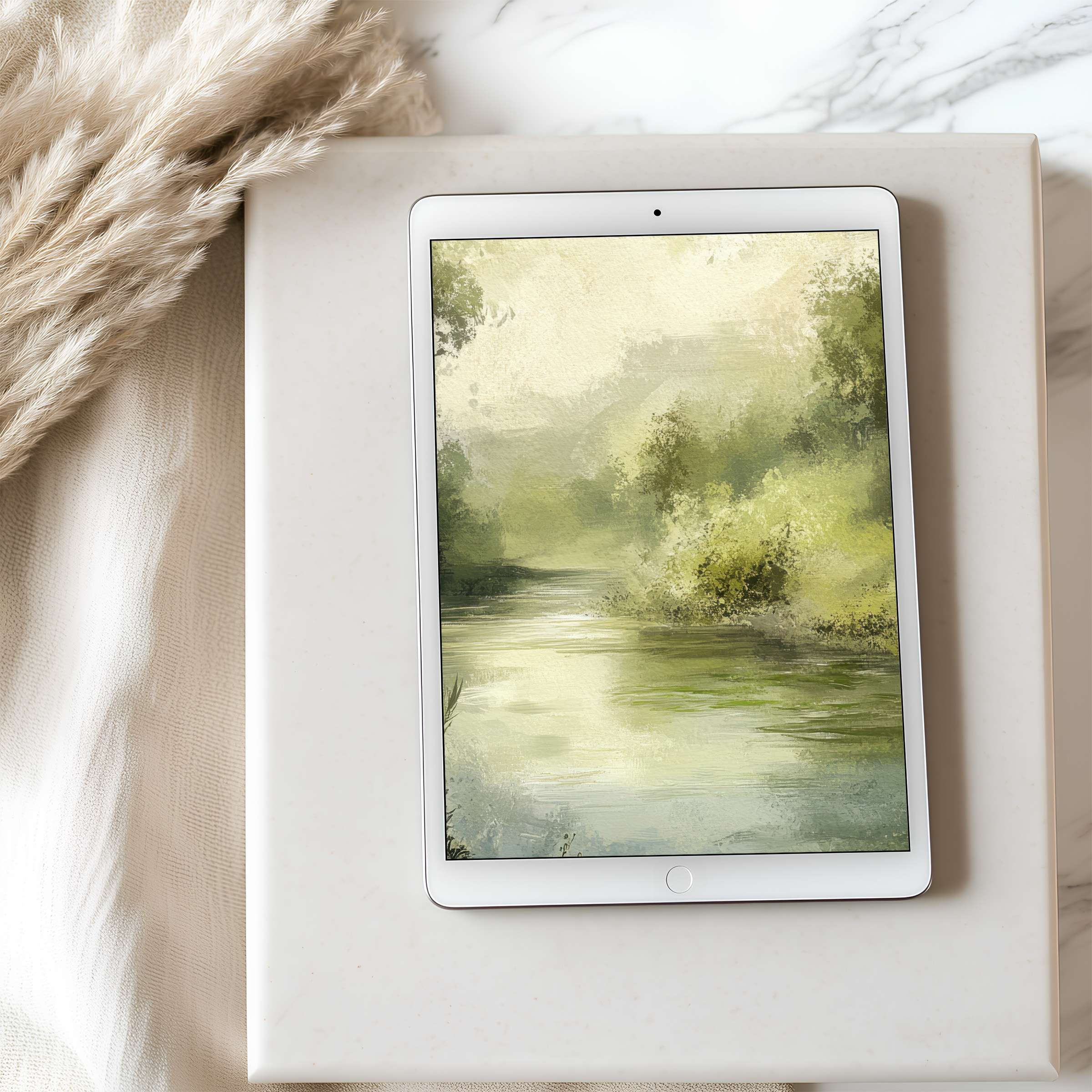 Elegant tablet wallpaper featuring a serene green landscape painting enhances any iPad or Android display for a calming digital download