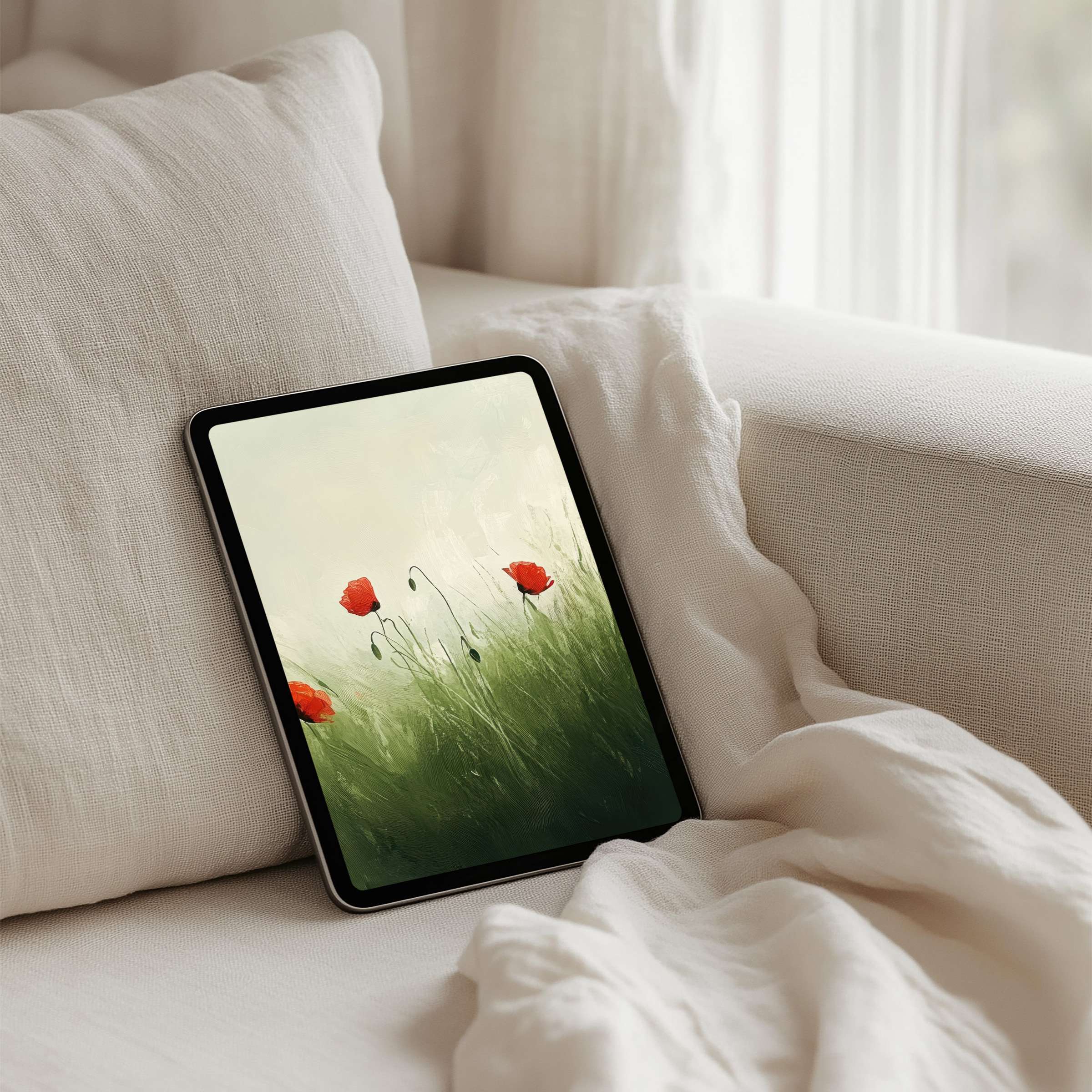 Elegant iPad background with serene red poppies offering calm and inspiration instant download for tablet mindfulness seekers