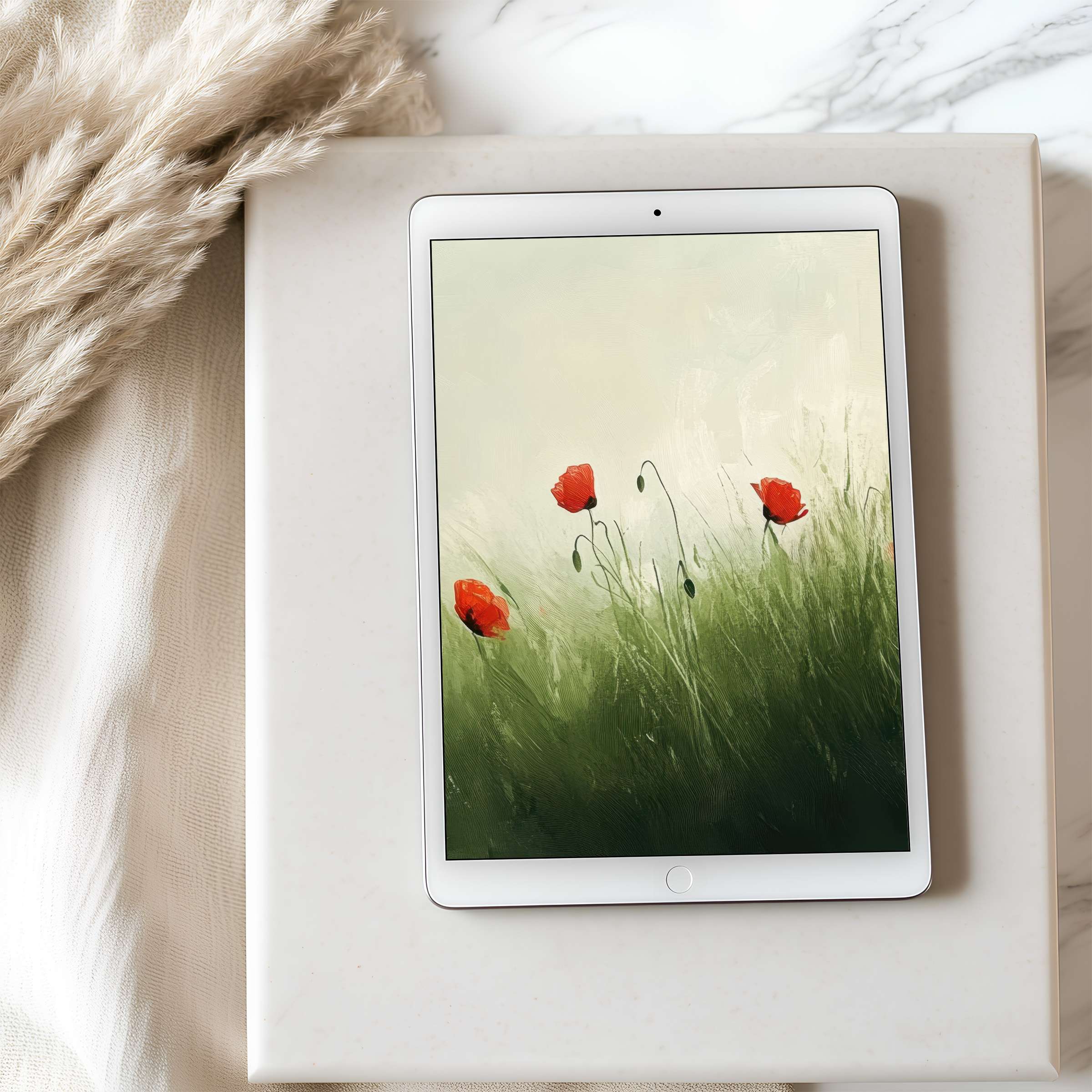 Elegant poppy field tablet wallpaper in high resolution, inspiring tranquility in sustainable design, perfect for iPad and Android downloads