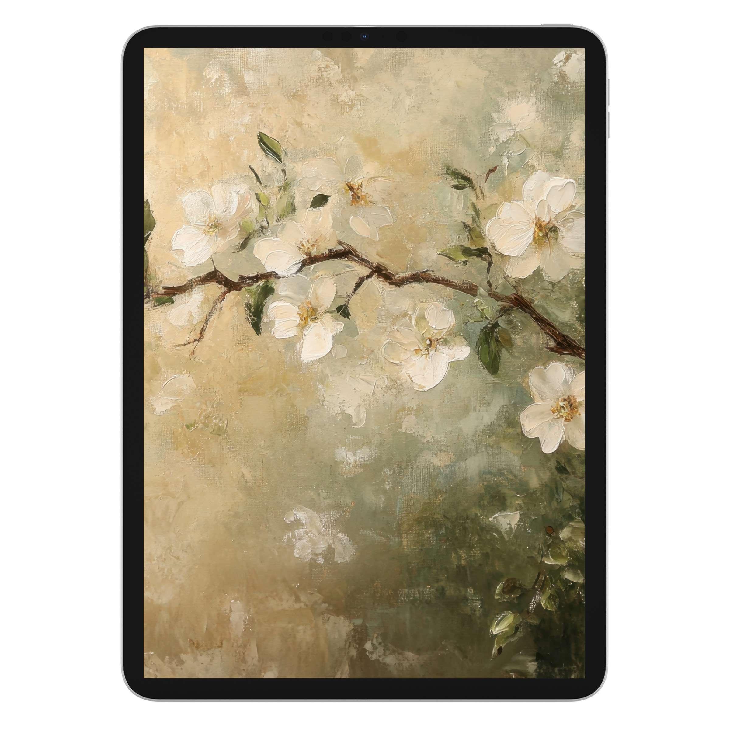 White blossoms in an artistic brushstroke style enhance this spring iPad wallpaper digital download, ideal for tablet background elegance