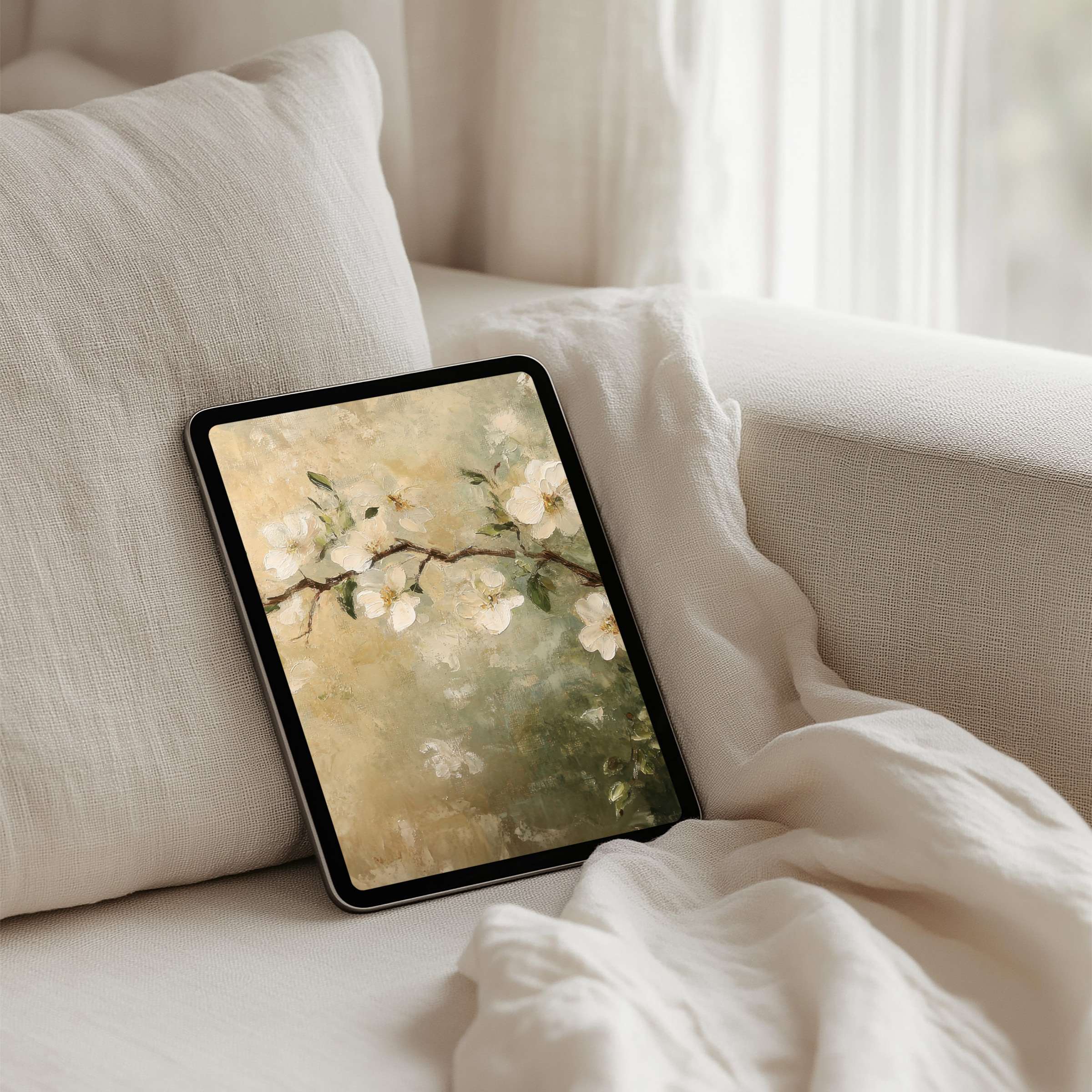 Elegant floral iPad background featuring soft blossoms for tablets, perfect for instant download, inspiring a calm, stylish ambiance