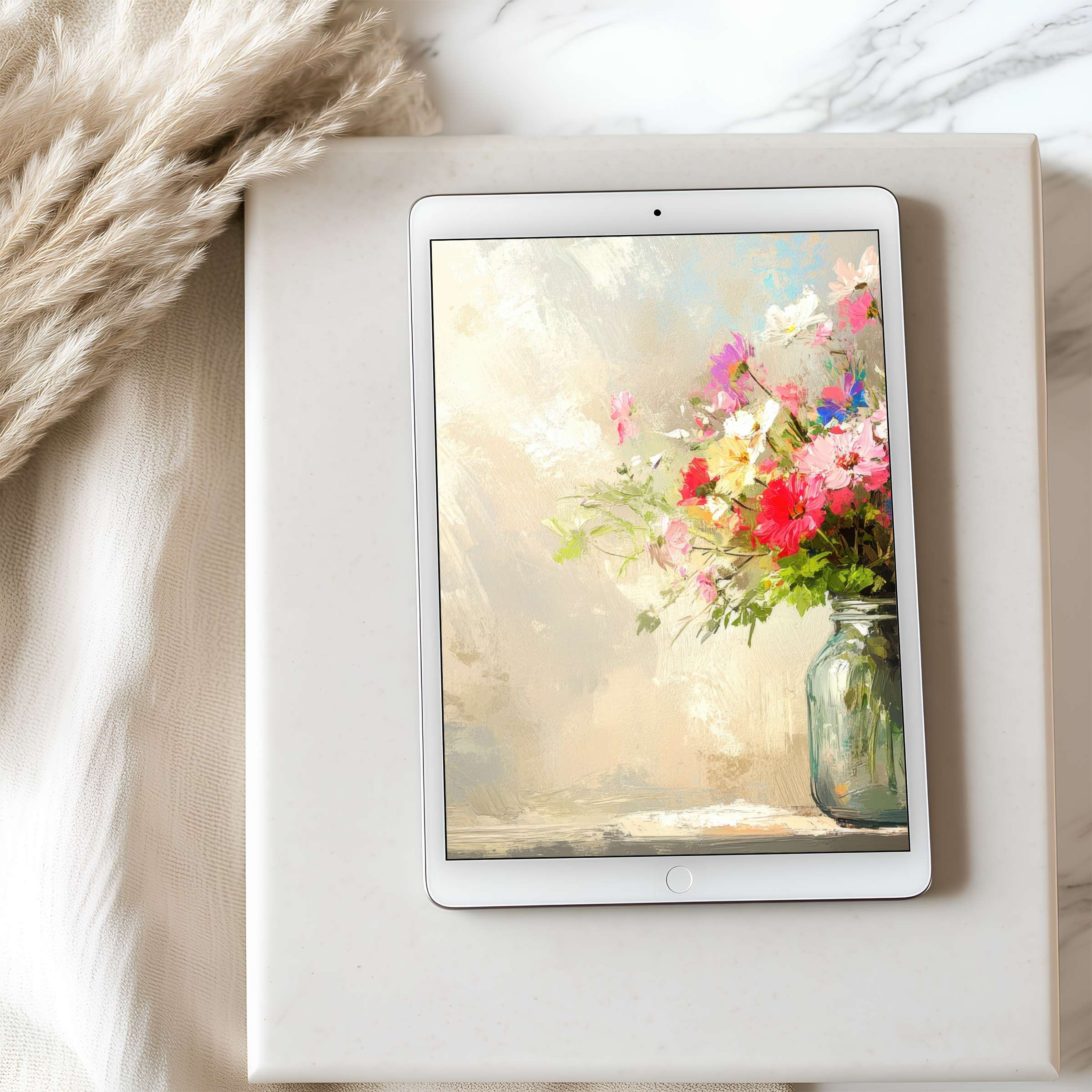 Elegant floral tablet wallpaper with vibrant blooms in a glass vase, set on a light, textured background for high resolution iPad download