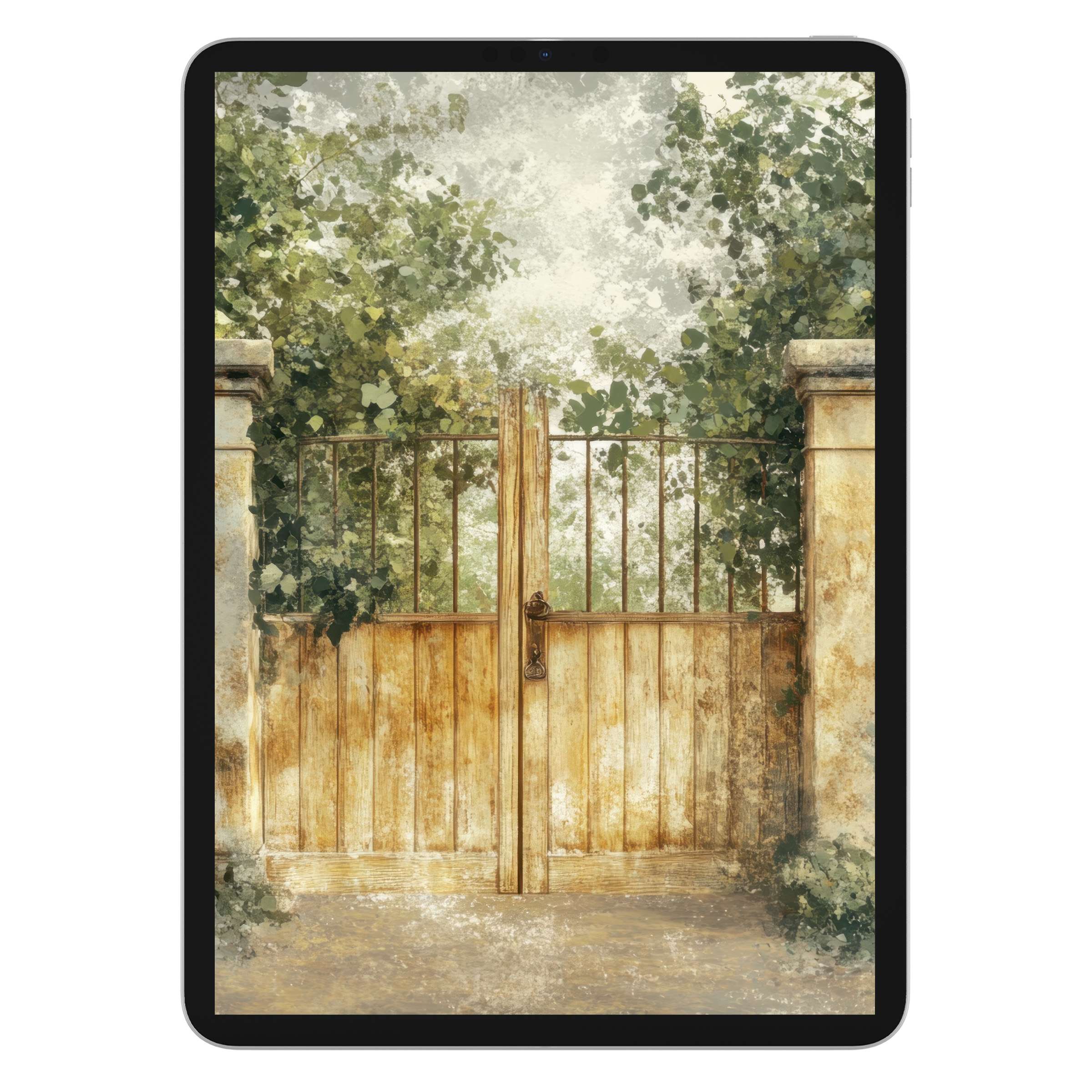 Spring iPad wallpaper digital download features a rustic gate amidst lush greenery, creating an inspiring tablet background atmosphere
