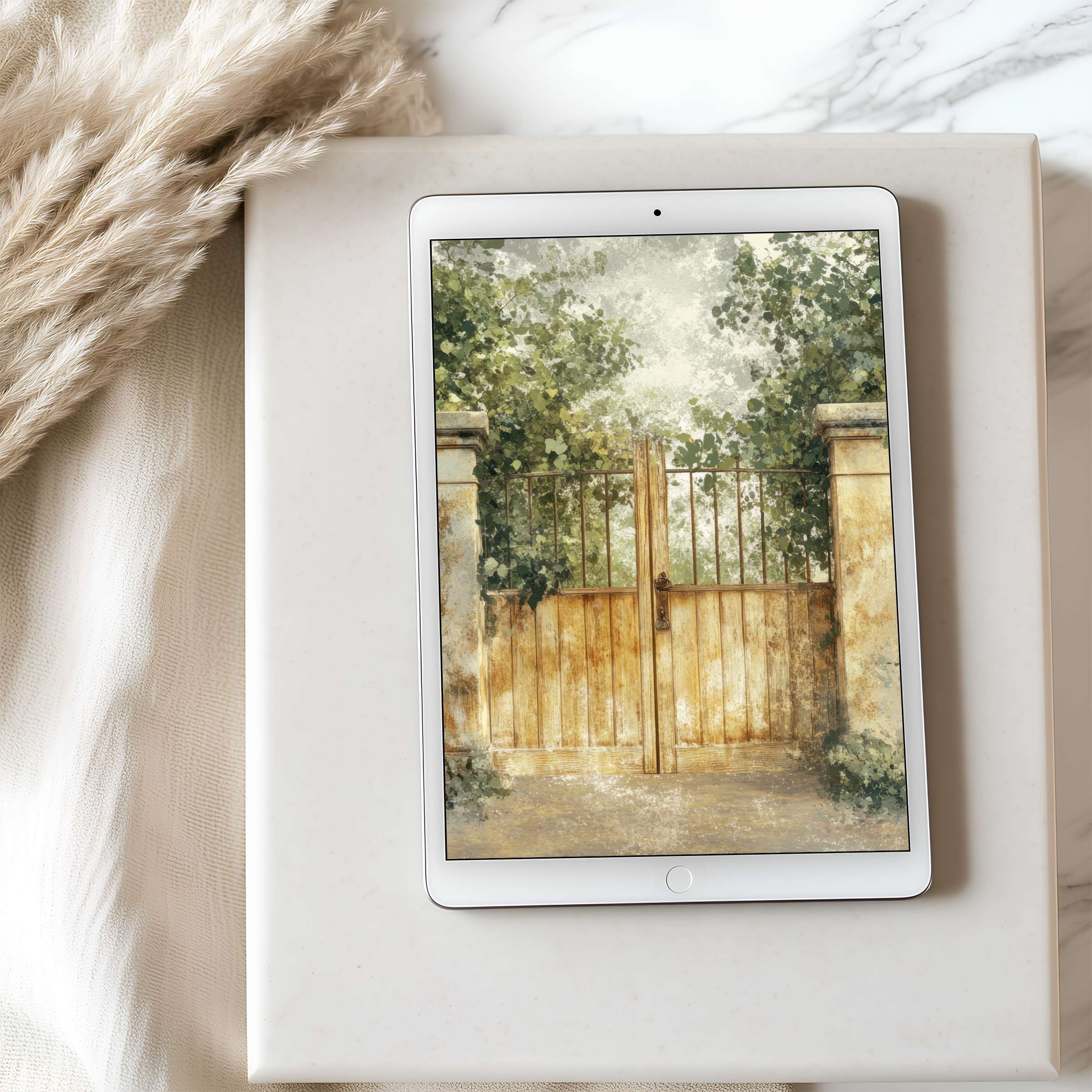 Elegant tablet wallpaper featuring a serene watercolor garden gate motif, perfect high resolution for iPad and Android digital download