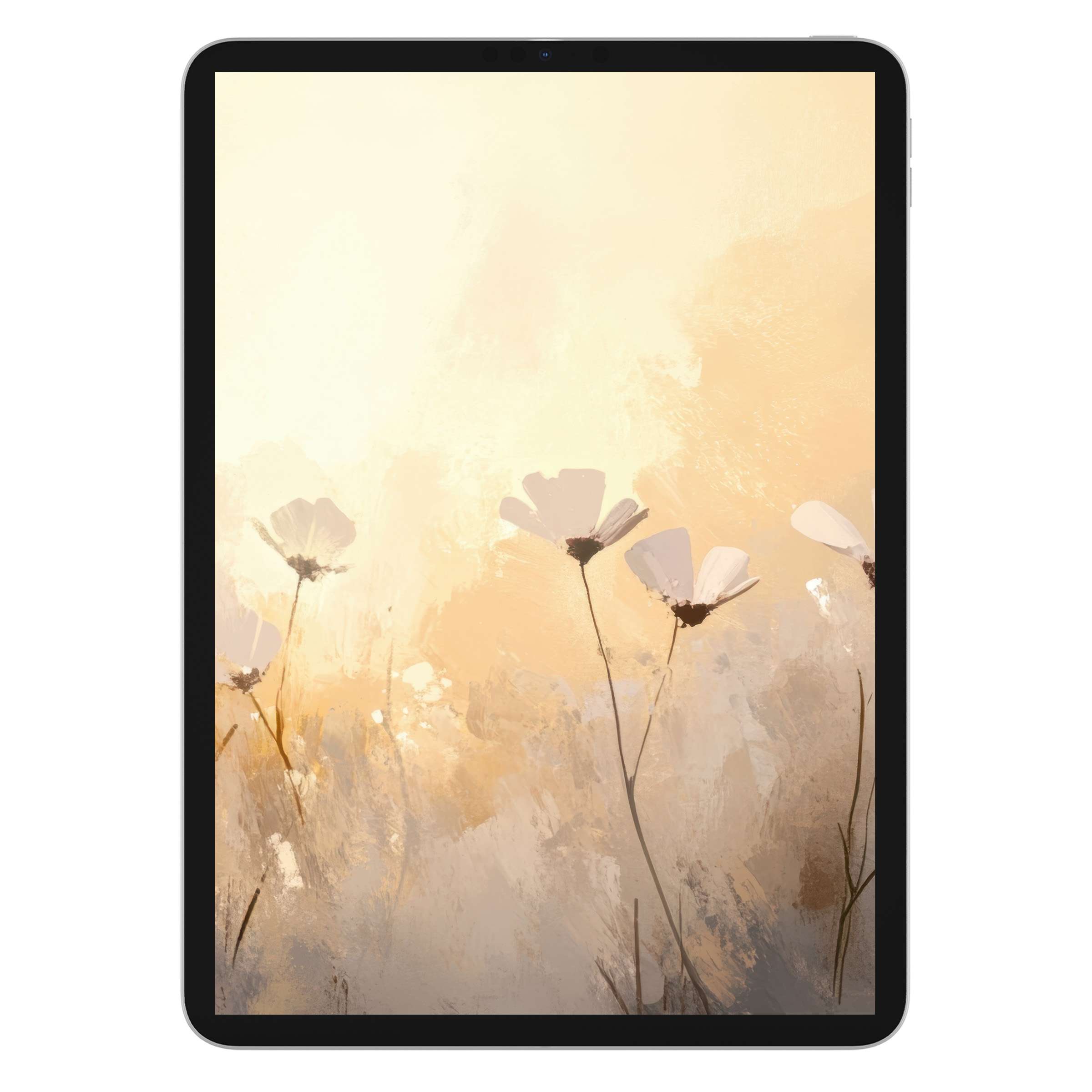 Elegant spring iPad wallpaper with a soft floral motif in soothing beige tones, perfect digital download for tablet background tranquility