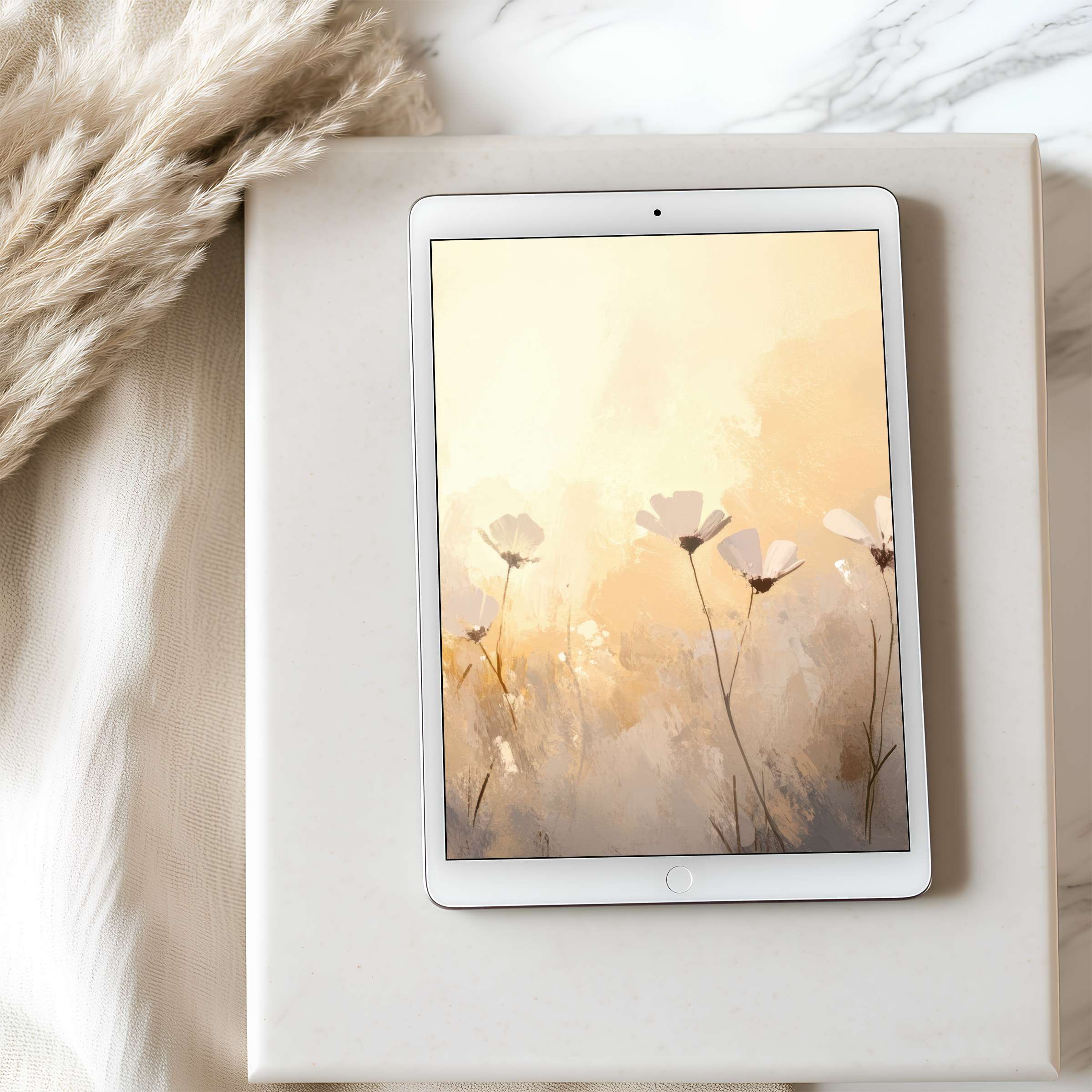 Elegant floral tablet wallpaper in soft beige tones offers a calming, high-resolution digital download for iPad and Android tablets