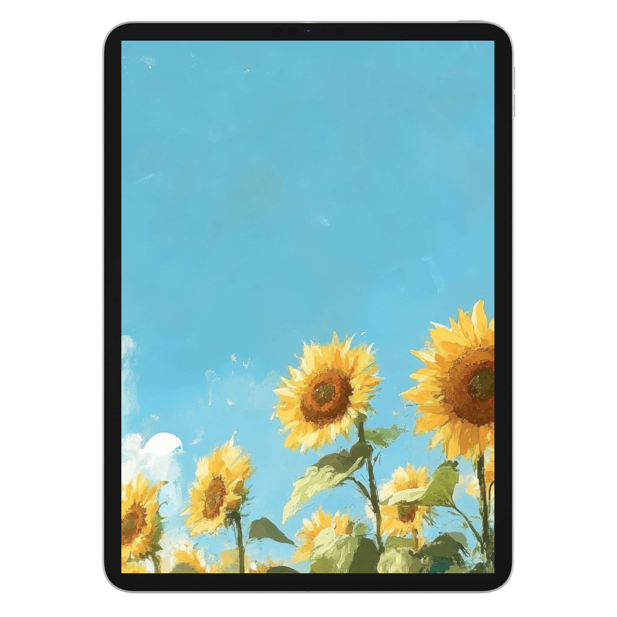 Vibrant sunflower field under serene sky on a spring iPad wallpaper digital download perfect for tablet background enhancing calm