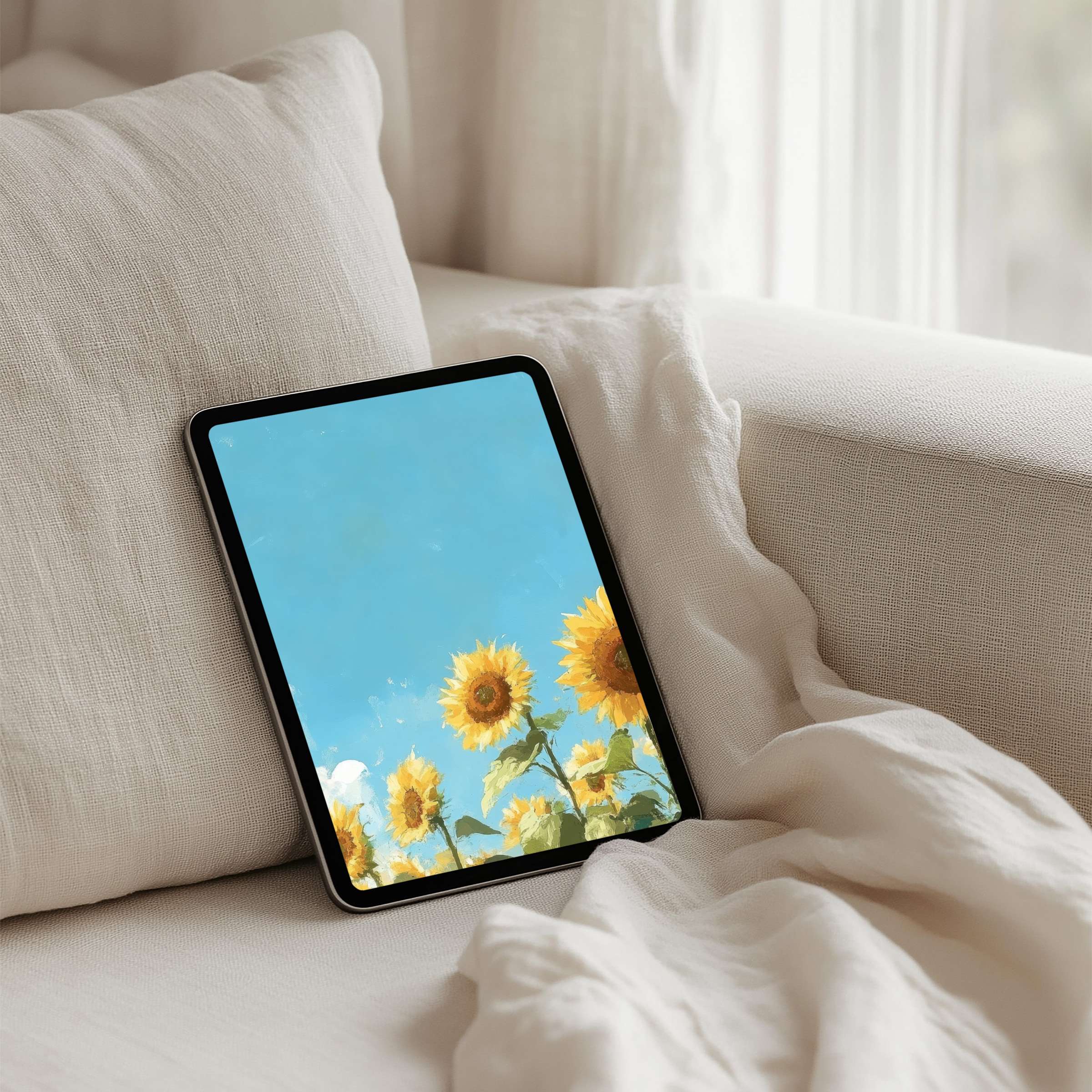 Sunflower iPad background in soft hues offers instant download for tablets creating a serene, elegant digital art experience