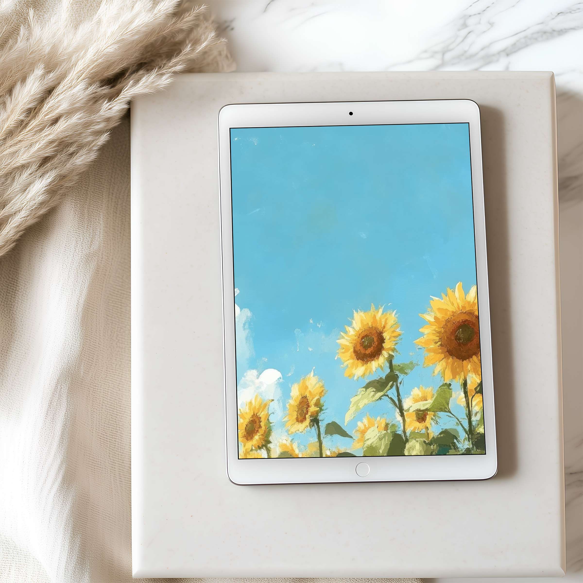 Sunflowers under a serene blue sky create a calming tablet wallpaper perfect for iPad and Android devices, offering high resolution and elegance