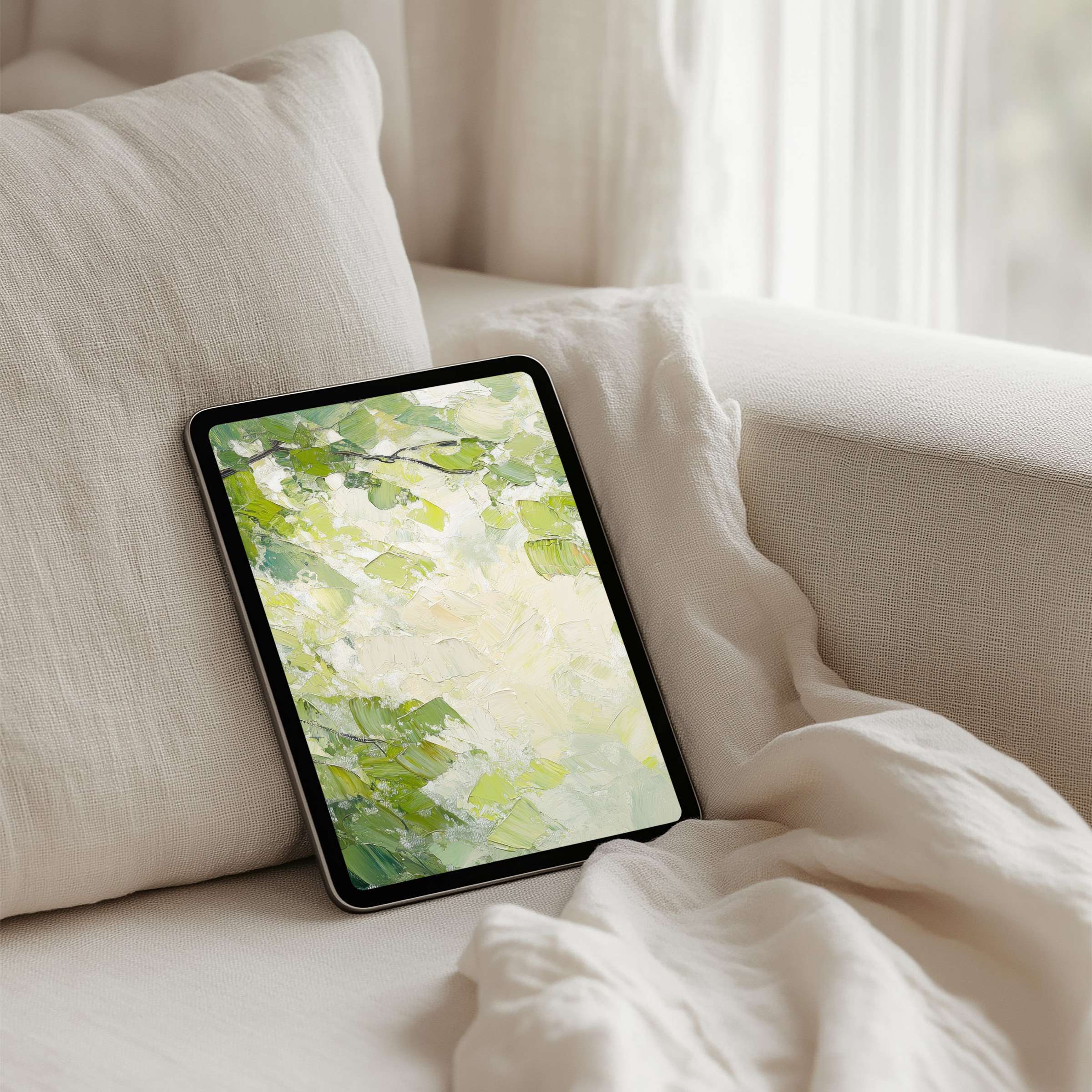 Elegant iPad background with serene green brushstrokes inspires mindfulness, perfect for tablets and instant download for calm spaces