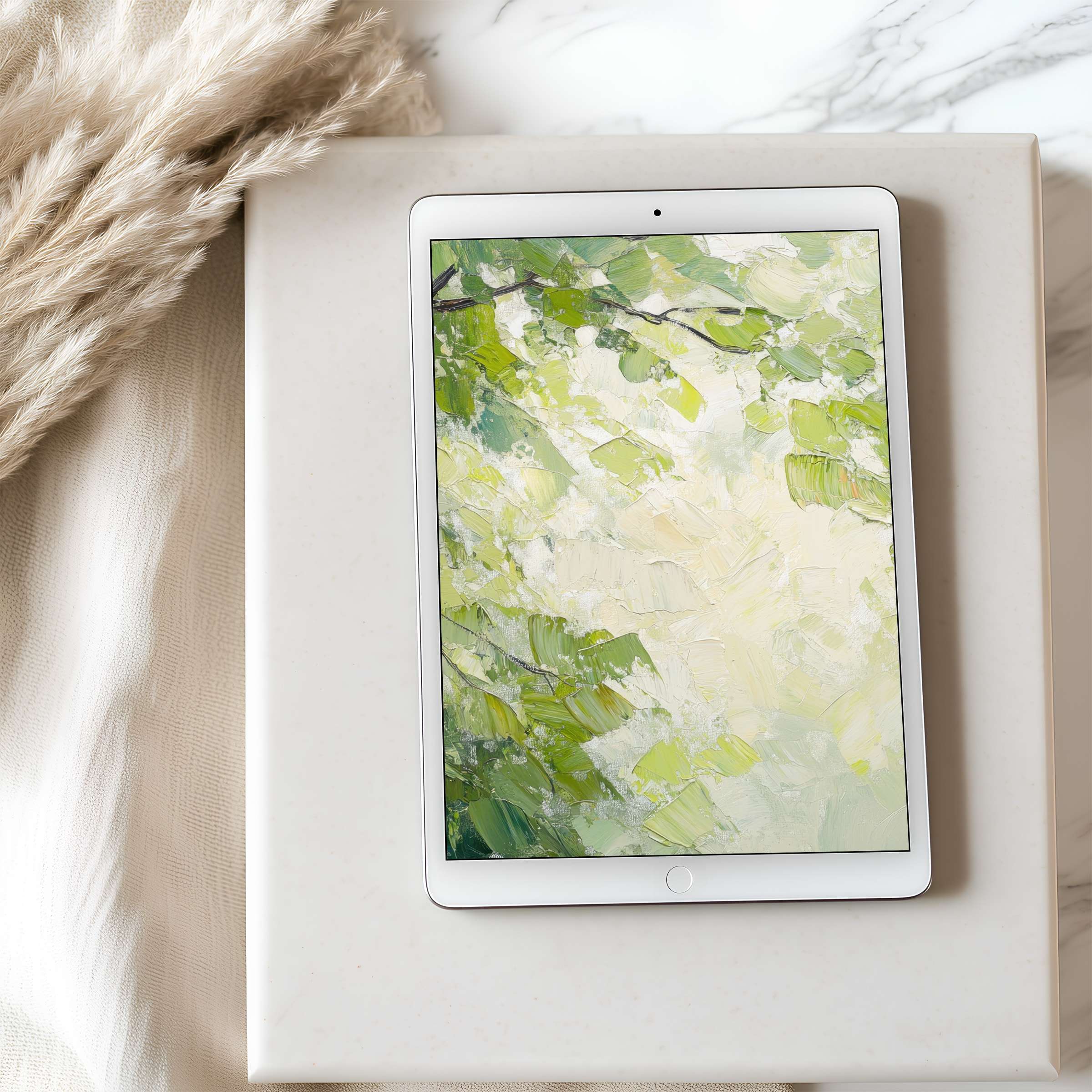 Elegant green and cream brushstroke motif tablet wallpaper, perfect for iPad and Android tablets, offering calm high-resolution digital download