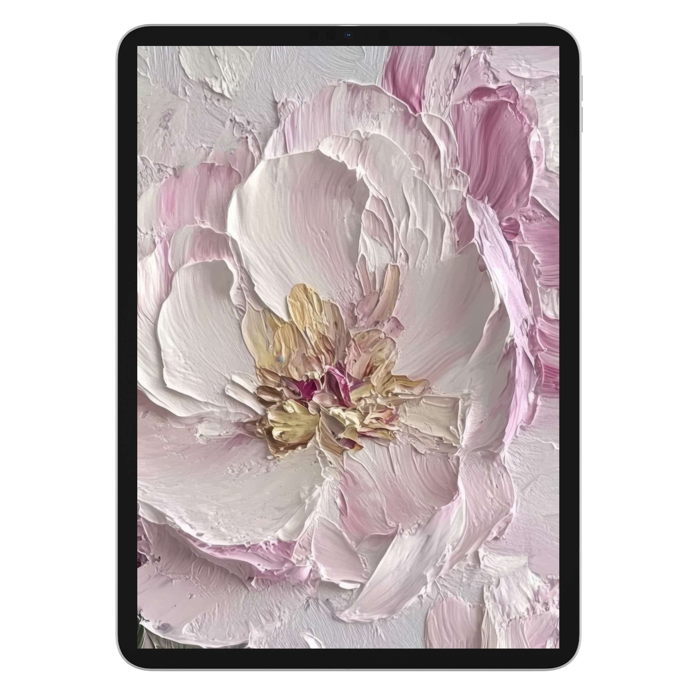 Elegant spring iPad wallpaper featuring a textured pastel flower painting for tablet background digital download enhances calm aesthetics