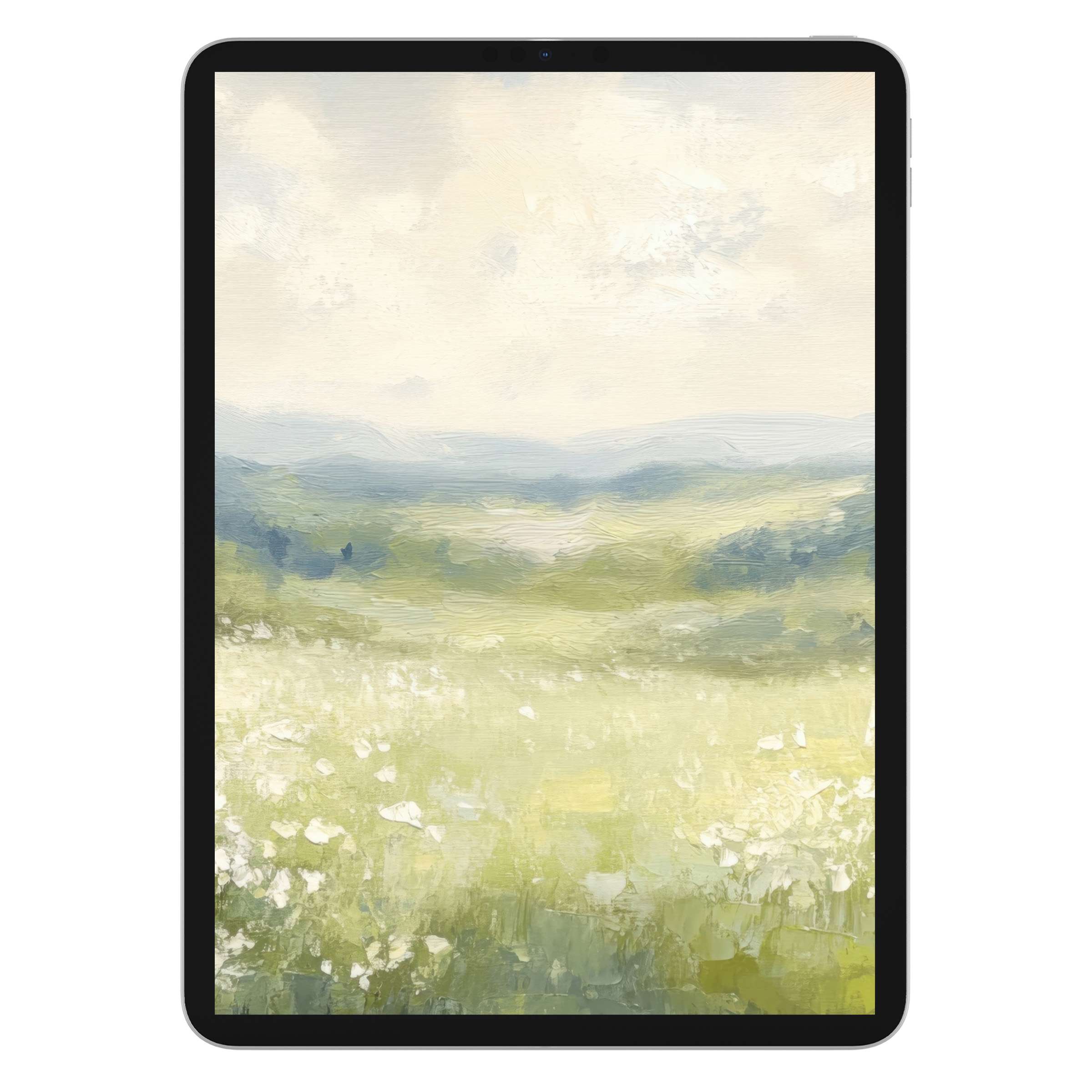 Serene spring iPad wallpaper featuring a soft pastel landscape, ideal digital download for calming tablet background settings