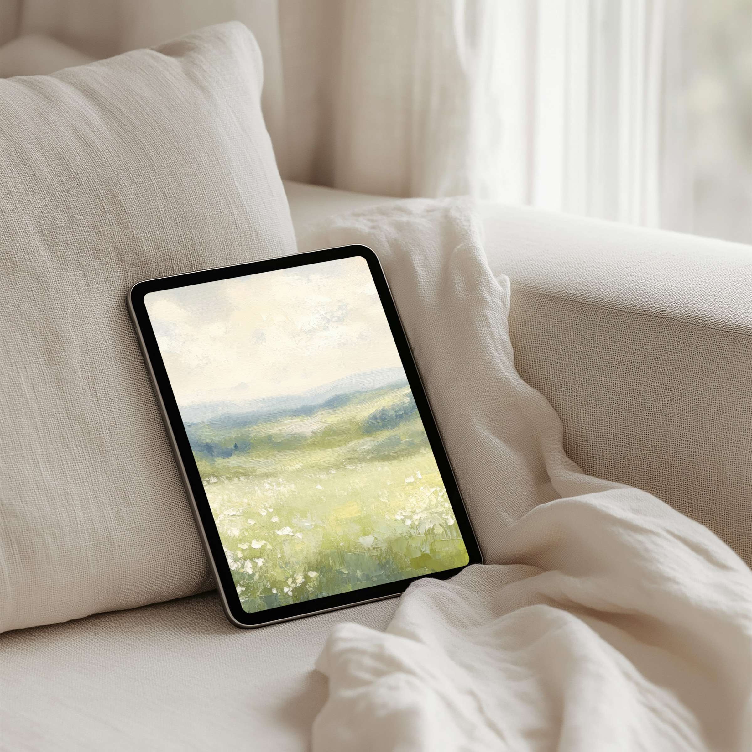 Serene iPad background with soft green fields and skies, ideal for elegant tablet aesthetics, instant download for calm inspiration