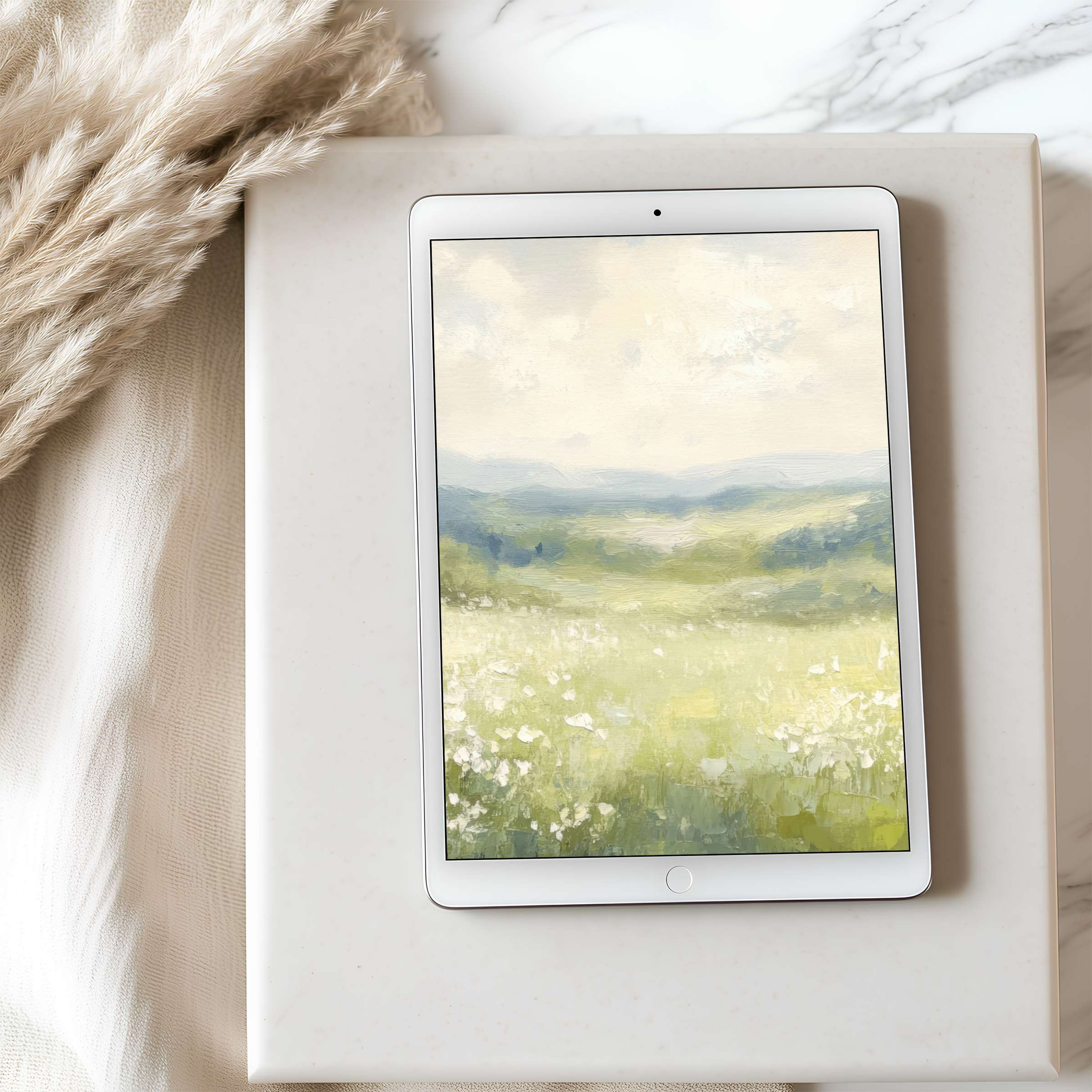 Serene green landscape tablet wallpaper for iPad and Android tablets offering high resolution and tranquil sophistication for digital download