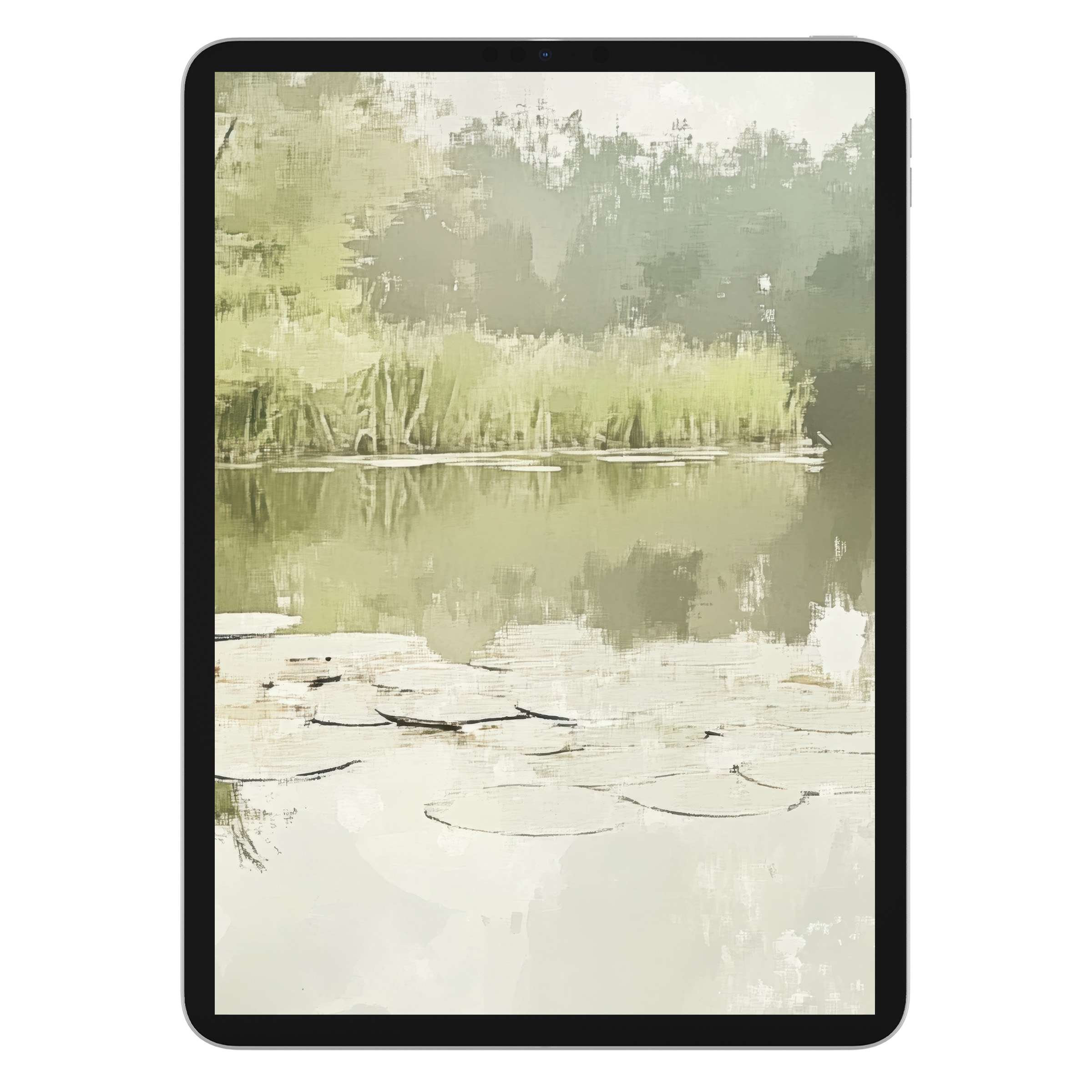 Serene spring iPad wallpaper with tranquil pond and lush greenery suitable for tablet background digital download soothing nature art