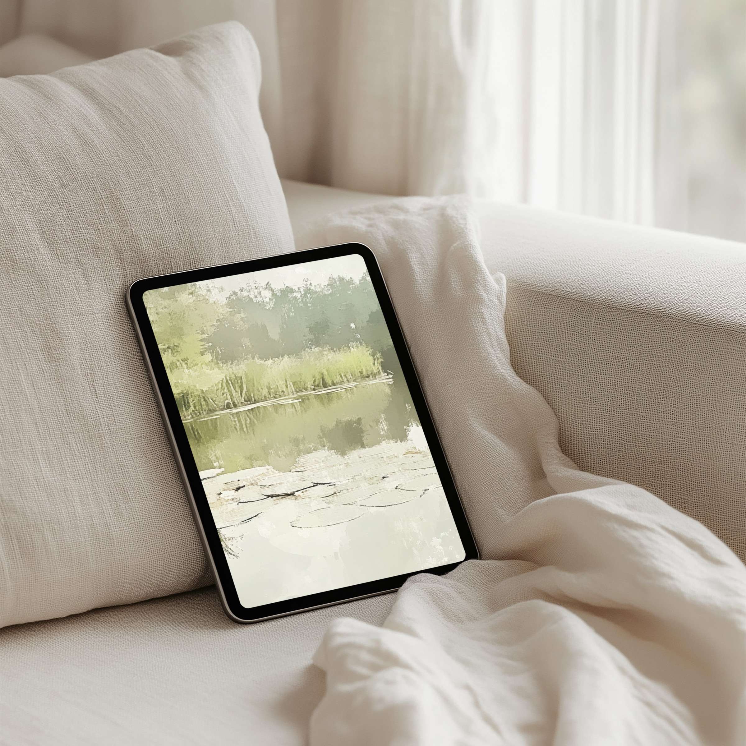 Calming iPad background featuring serene watercolor landscape, perfect for tablet screens, available as an instant download for mindful elegance