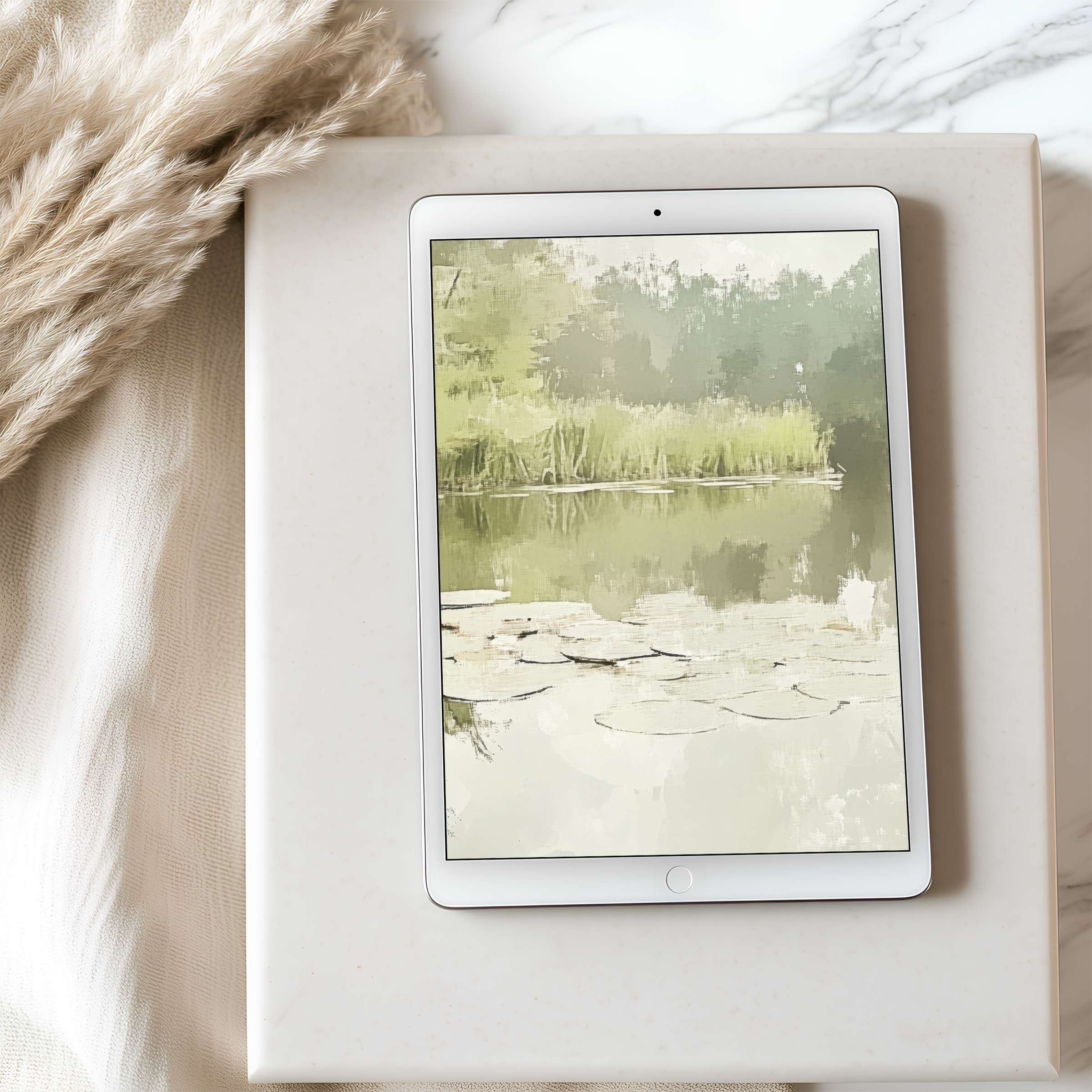 Elegant tablet wallpaper with serene watercolor lake scene ideal for high-resolution iPad display digital download for tranquil decor