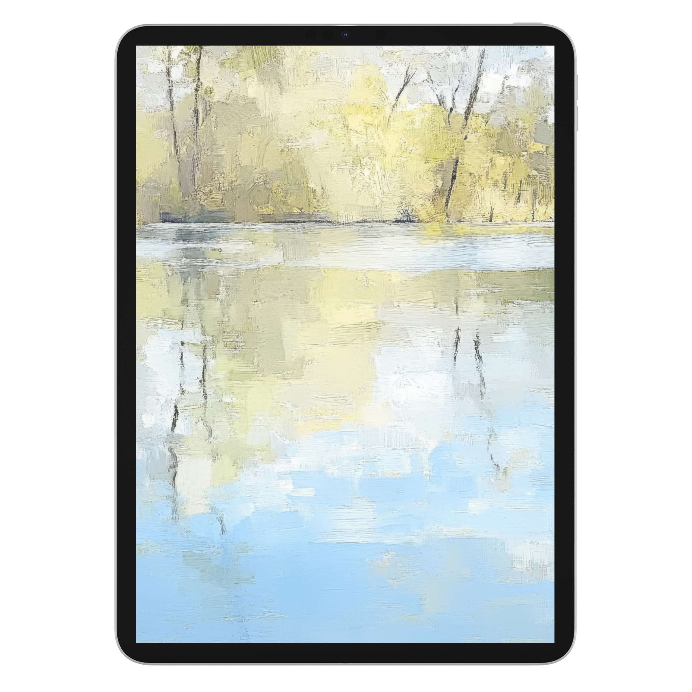 Elegant spring iPad wallpaper with serene pastel colors reflecting on a tranquil water background digital download for tablet use