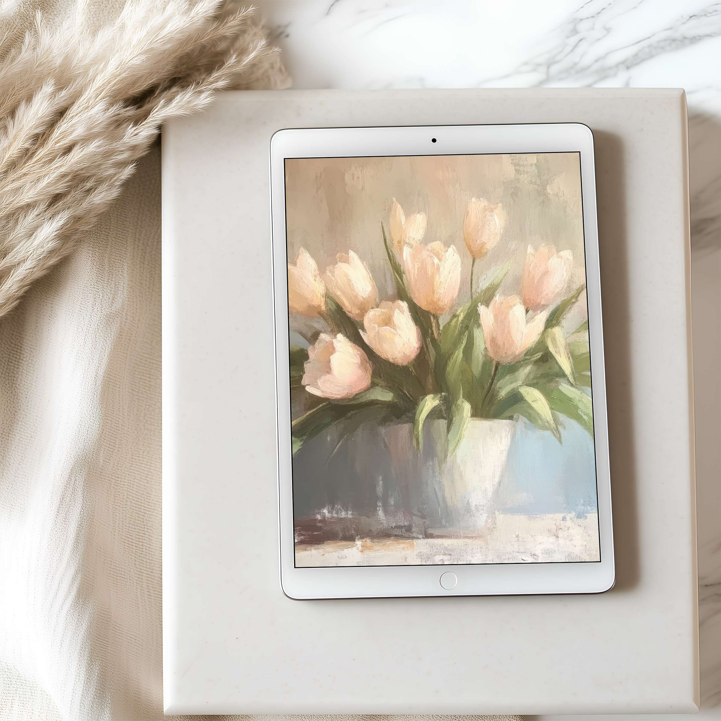 Elegant tulip painting as tablet wallpaper offers high resolution for iPad and Android tablets adding serene beauty to your space