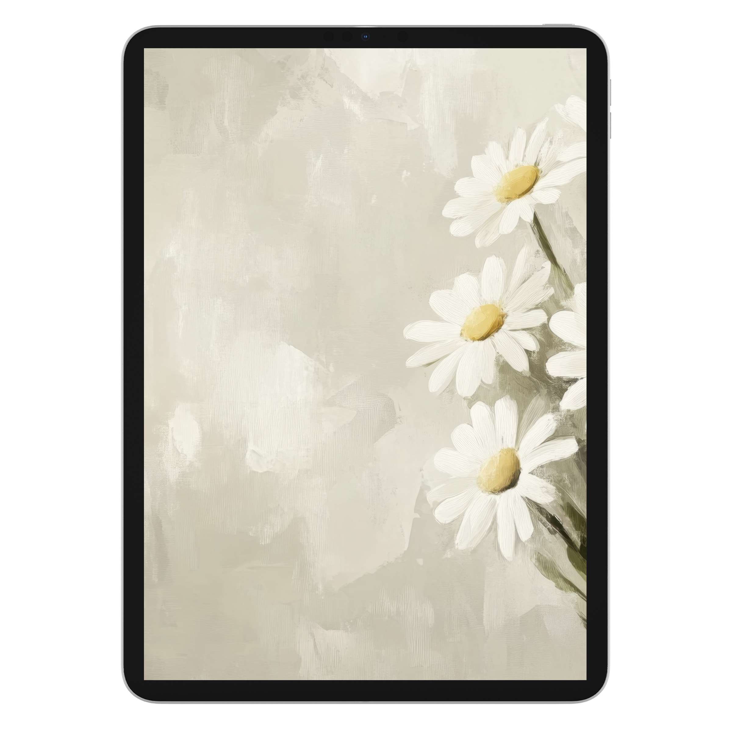 Elegant spring iPad wallpaper featuring delicate white daisies on a soft, textured background perfect for tablet digital download