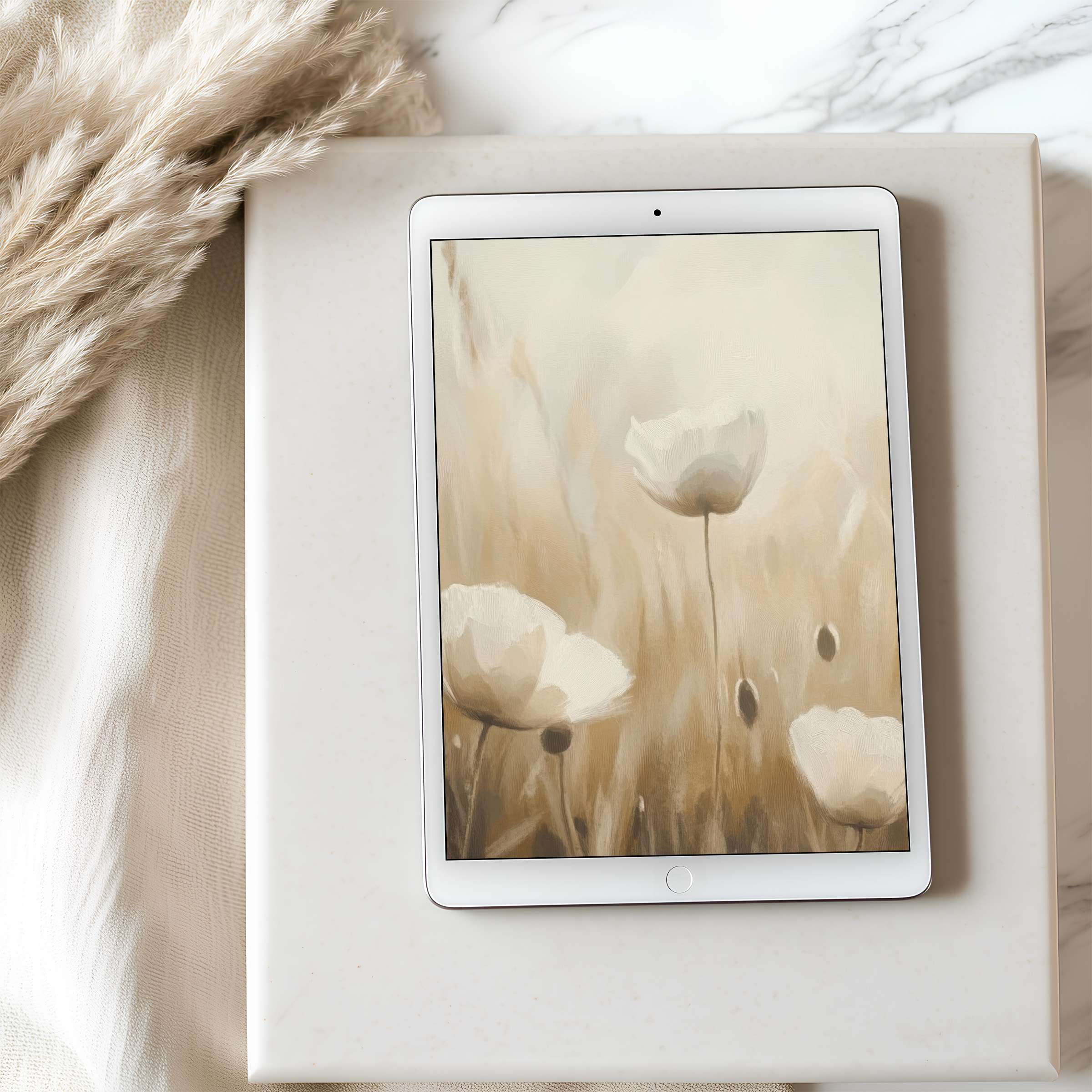 Elegant beige floral tablet wallpaper for iPad and Android tablets, offering calm aesthetics with high resolution digital download