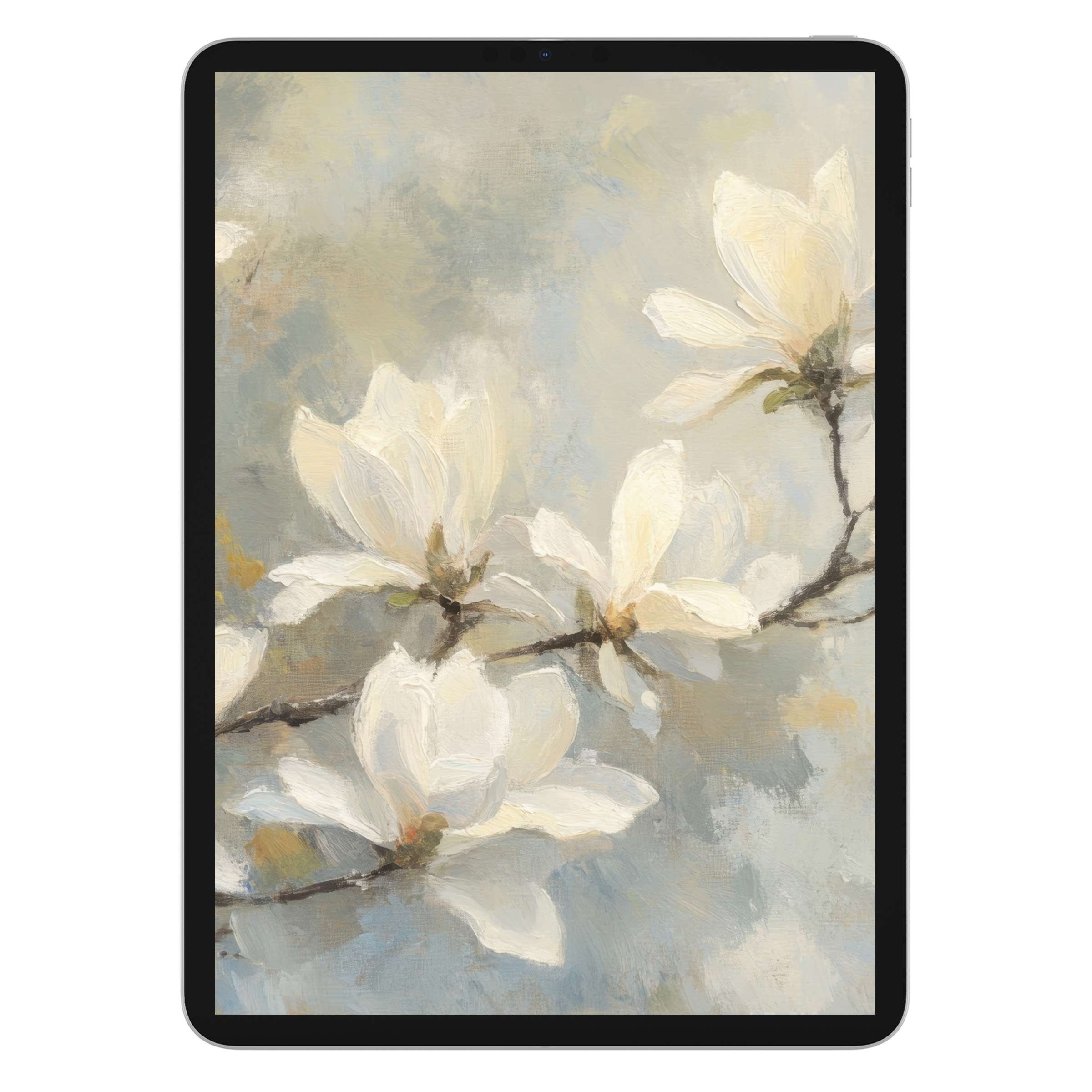 Elegant spring iPad wallpaper featuring soft white flowers on a serene watercolor background, perfect digital download for tablets