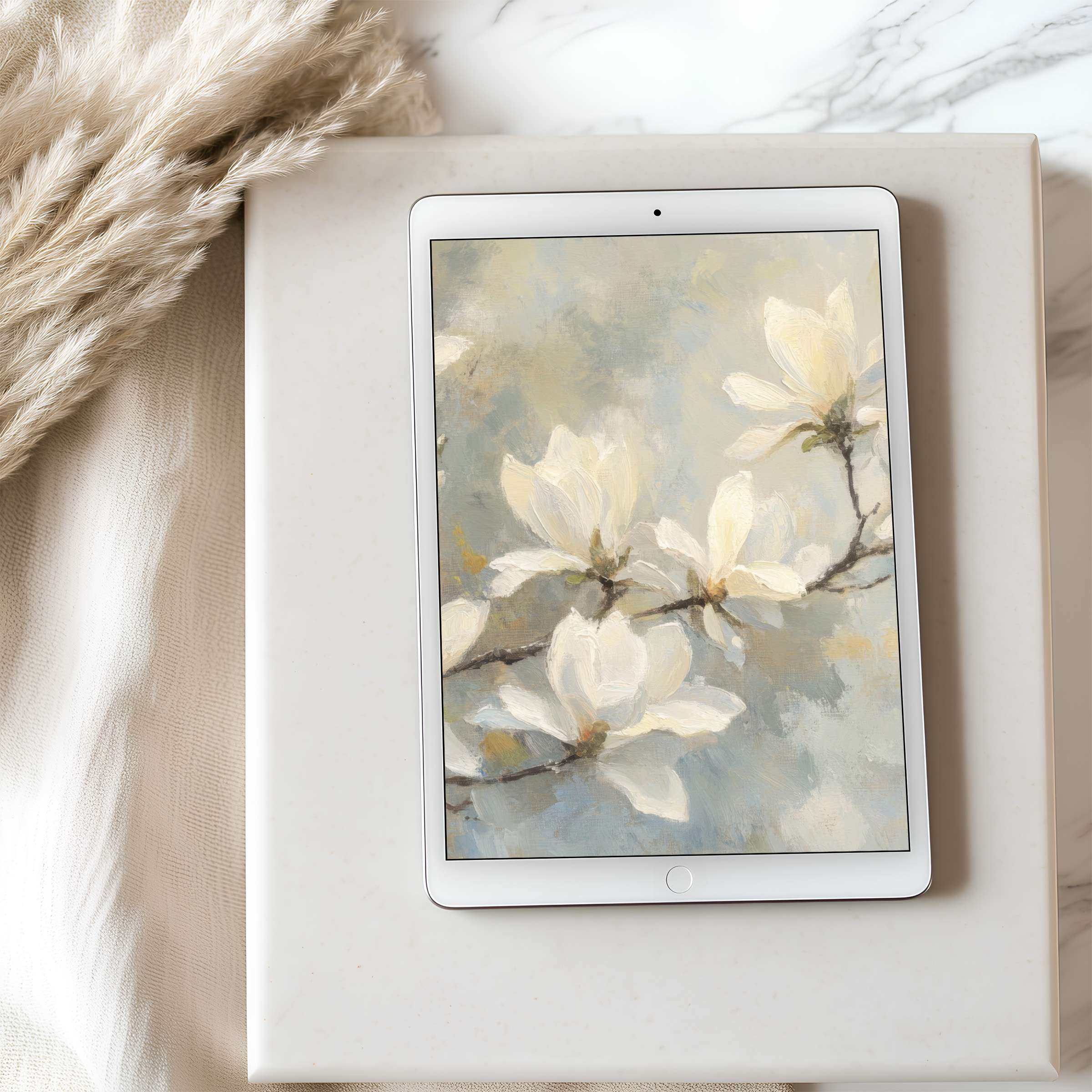 Elegant floral tablet wallpaper featuring soft cream magnolias on a soothing blue background ideal for iPad high resolution screens digital download
