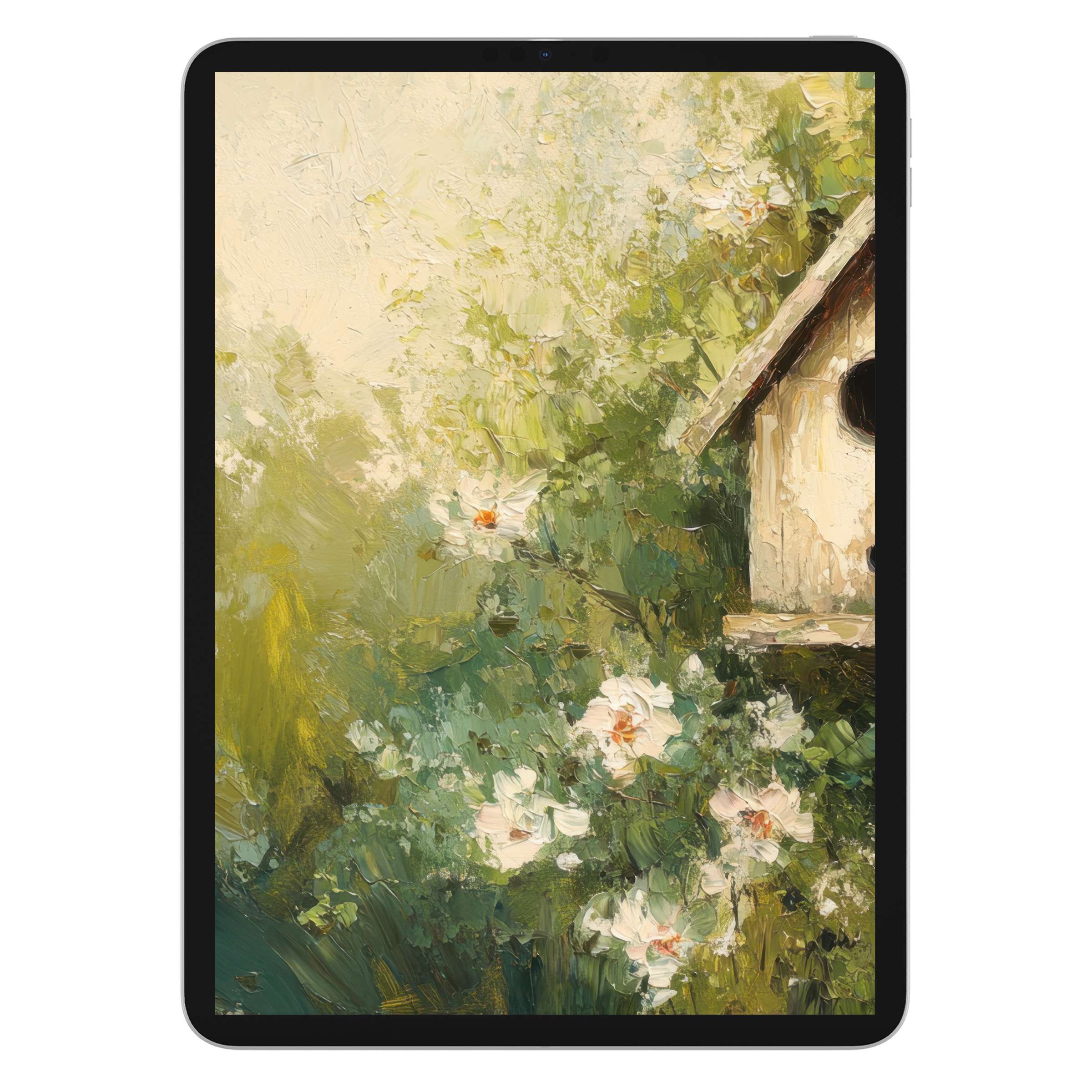 Elegant spring iPad wallpaper featuring lush green textures and soft floral art perfect for tablet background digital download