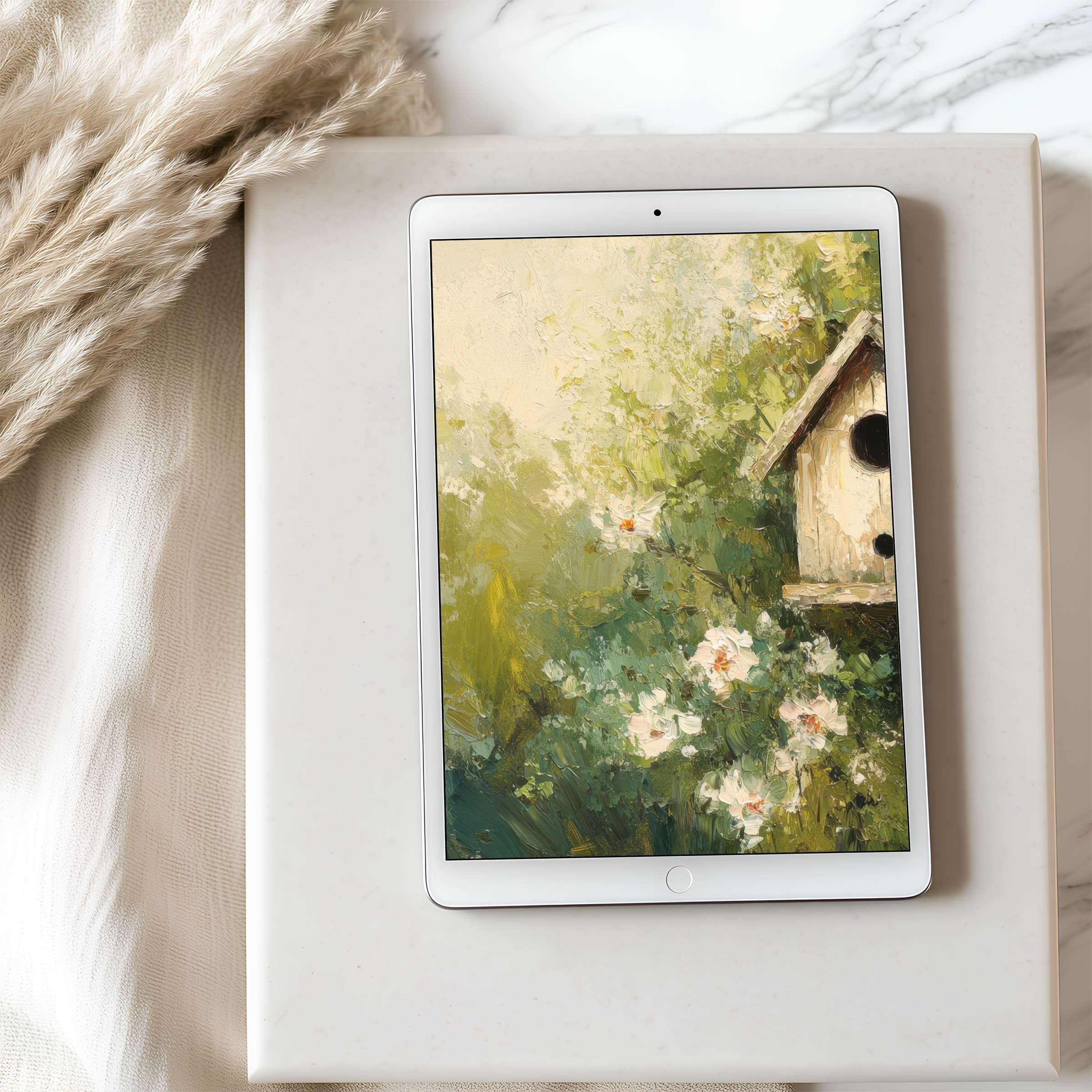 Elegant tablet wallpaper featuring serene floral hues and a rustic birdhouse, ideal for high-resolution iPad or Android downloads