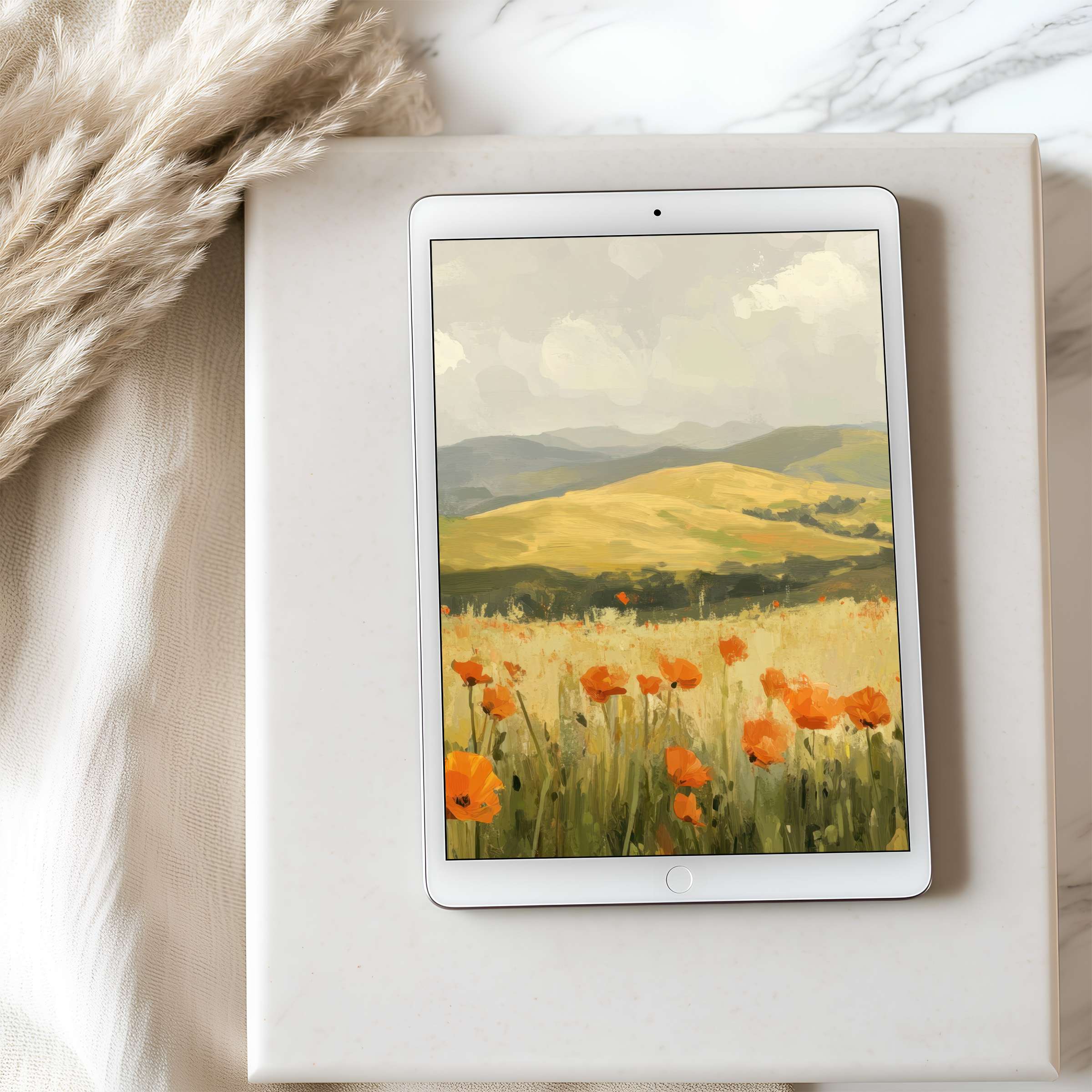 Elegant tablet wallpaper featuring serene landscapes with vibrant orange poppies, perfect for iPad and Android, offering digital calm