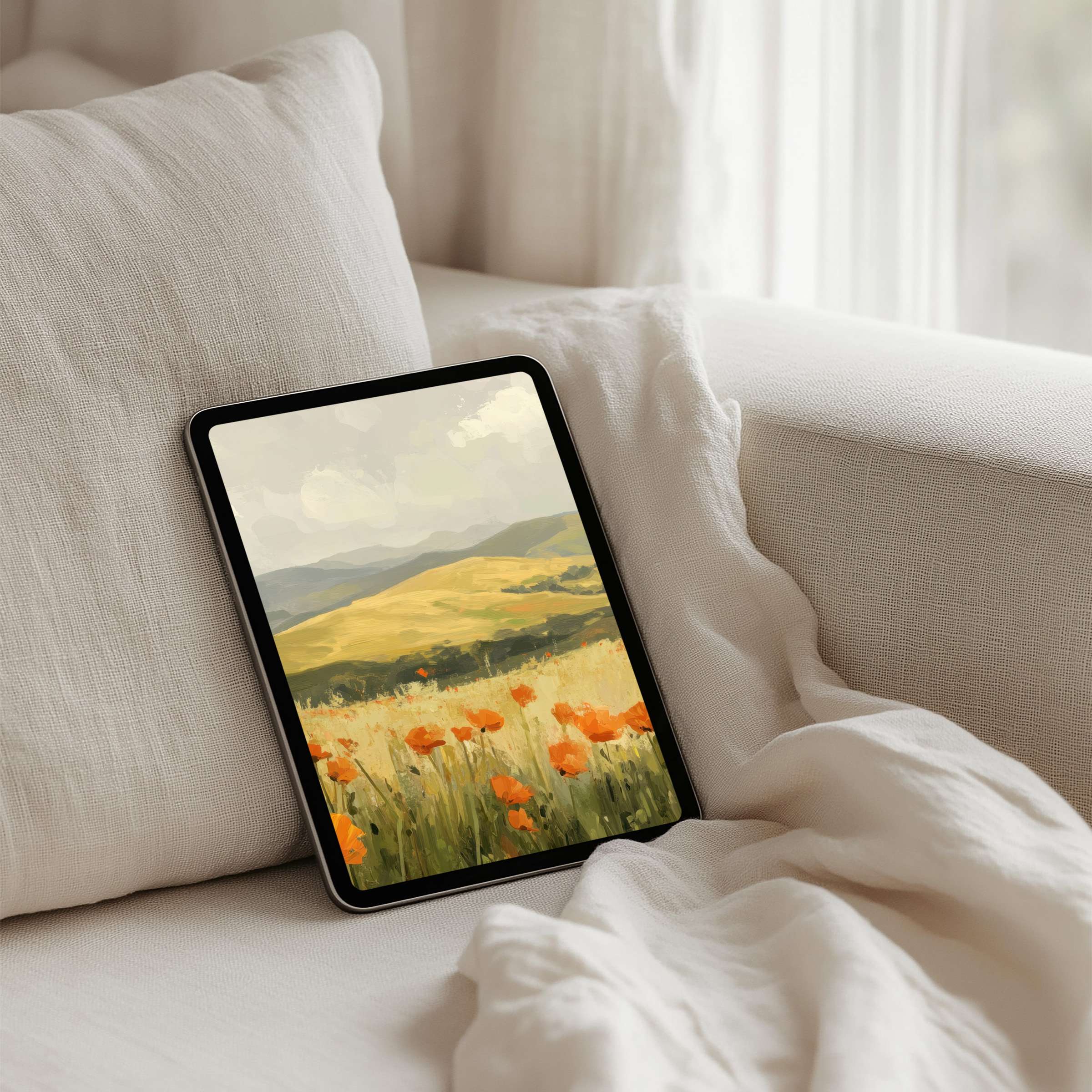 Elegant iPad background with serene landscape painting for instant download suits any tablet offering calm and artistic inspiration