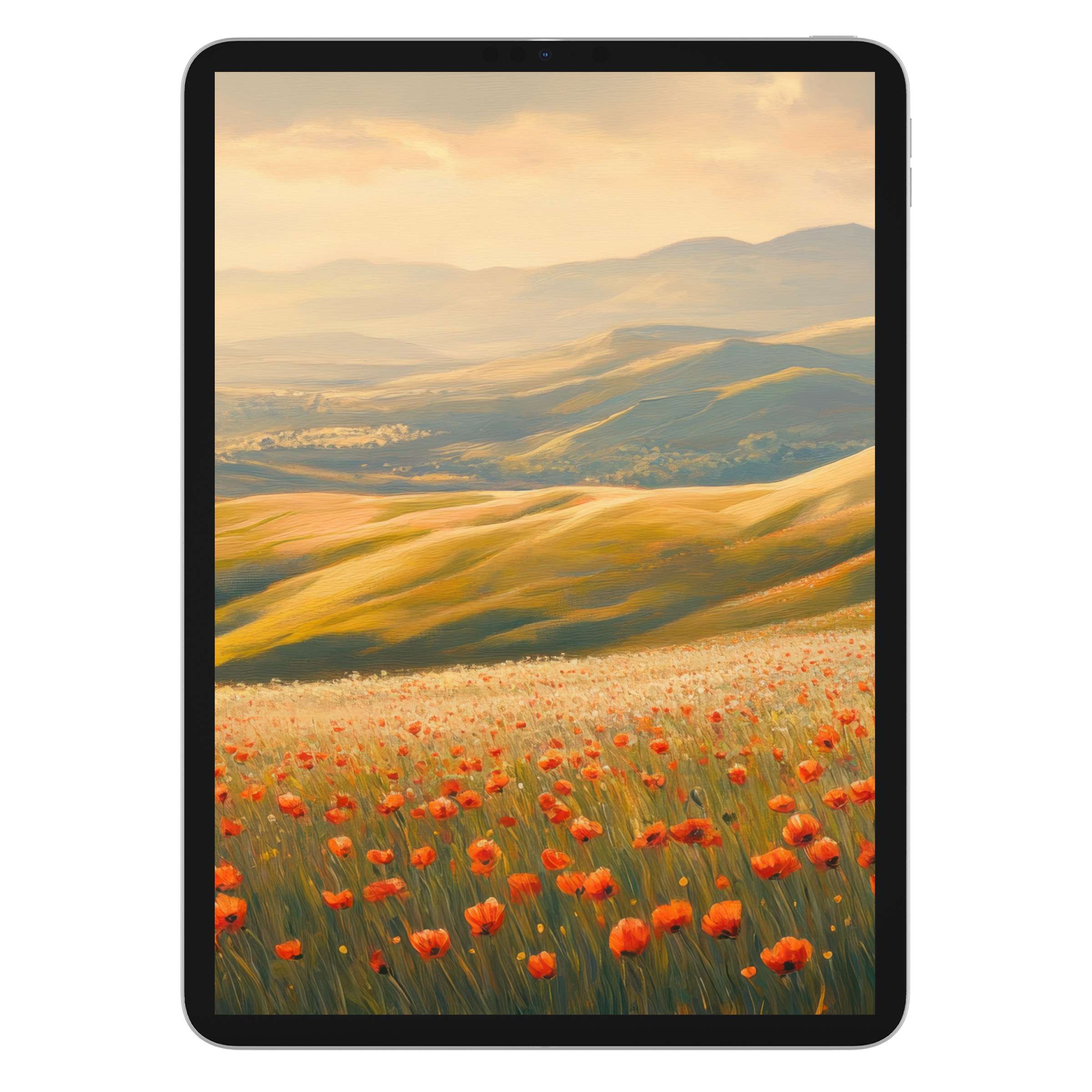 Spring iPad wallpaper showcasing a serene digital download of rolling hills and poppy fields, perfect background for any tablet