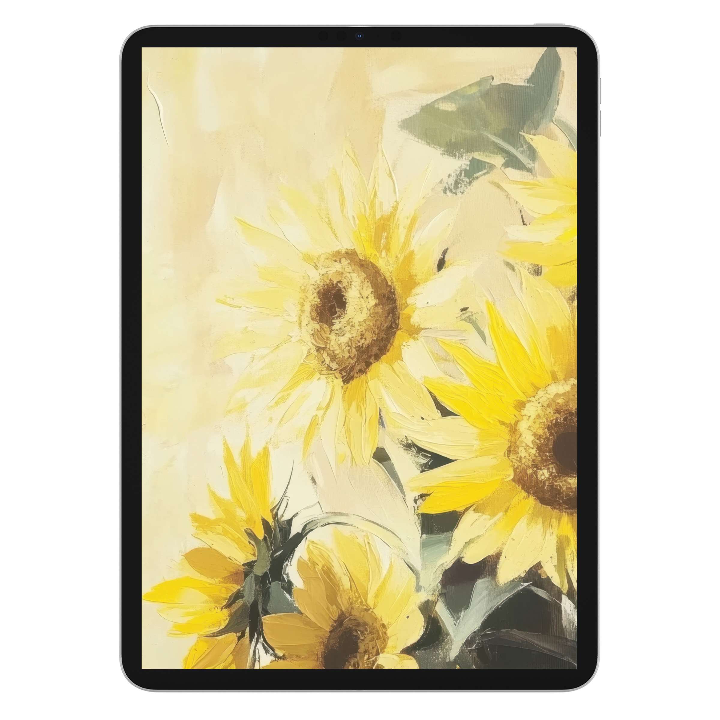 Spring iPad wallpaper featuring vibrant sunflowers in an elegant oil painting style for a soothing tablet background digital download