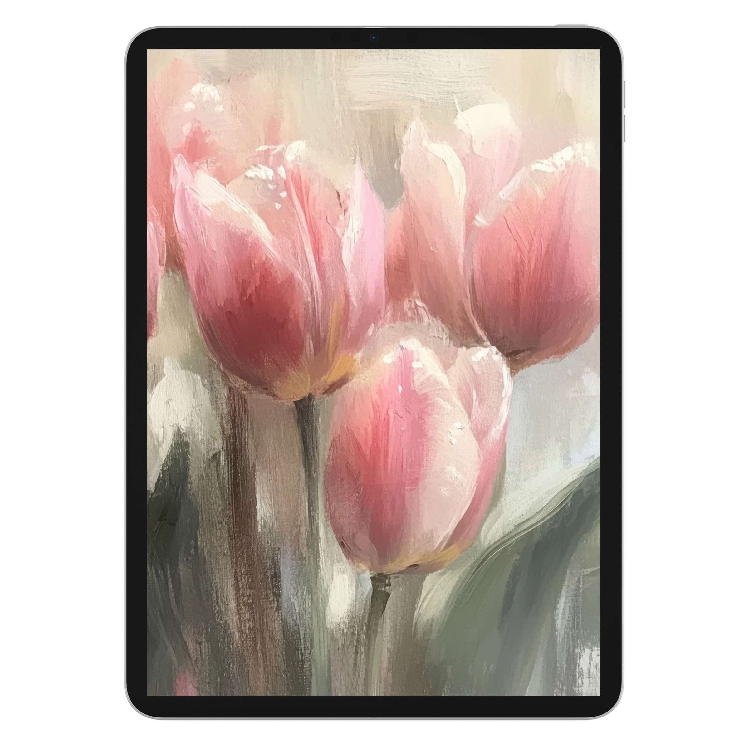 Elegant spring iPad wallpaper with painted pink tulips offers a serene background, perfect digital download for tablets and Android devices