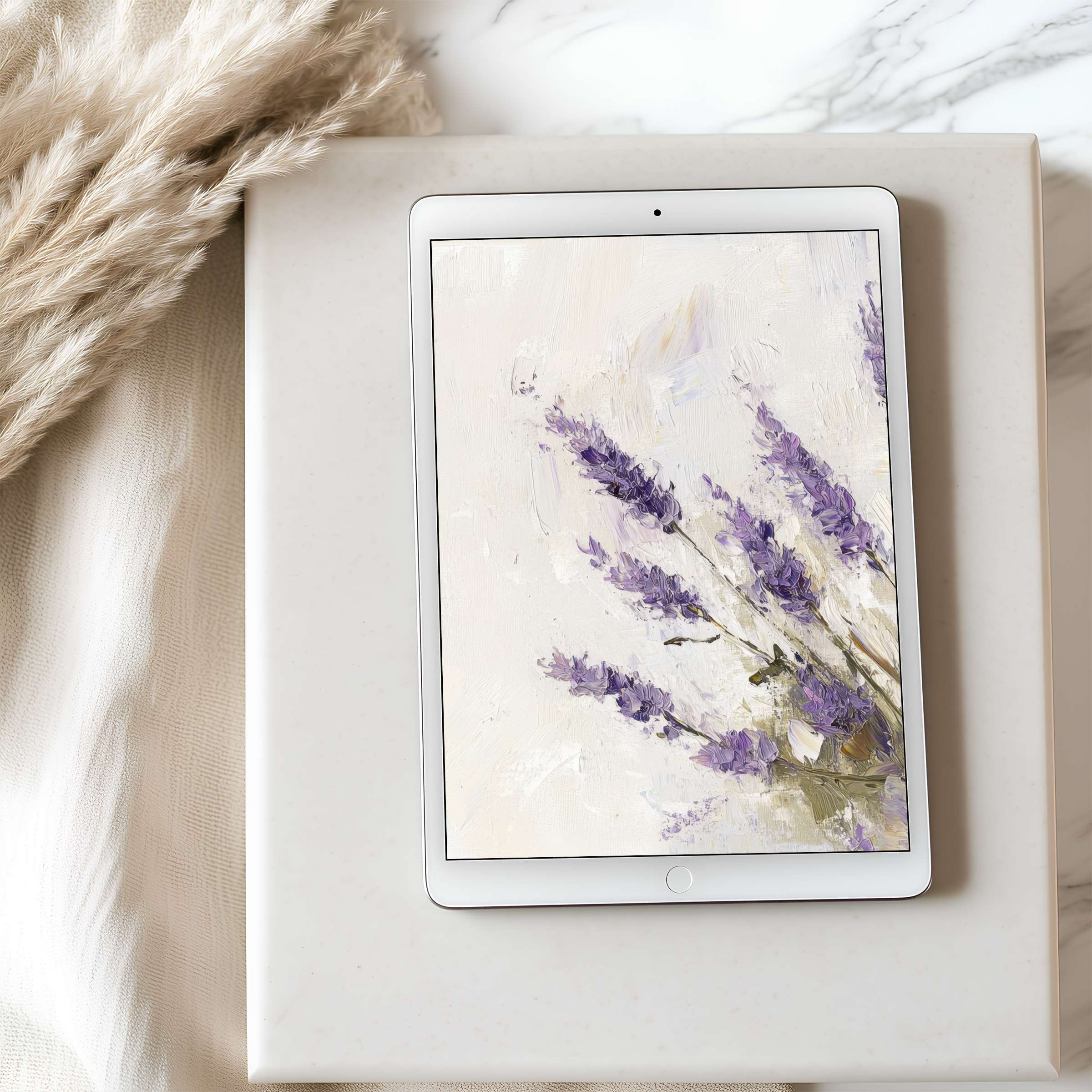 Elegant lavender-themed tablet wallpaper with calming brush strokes perfect for iPad and Android tablets high resolution download
