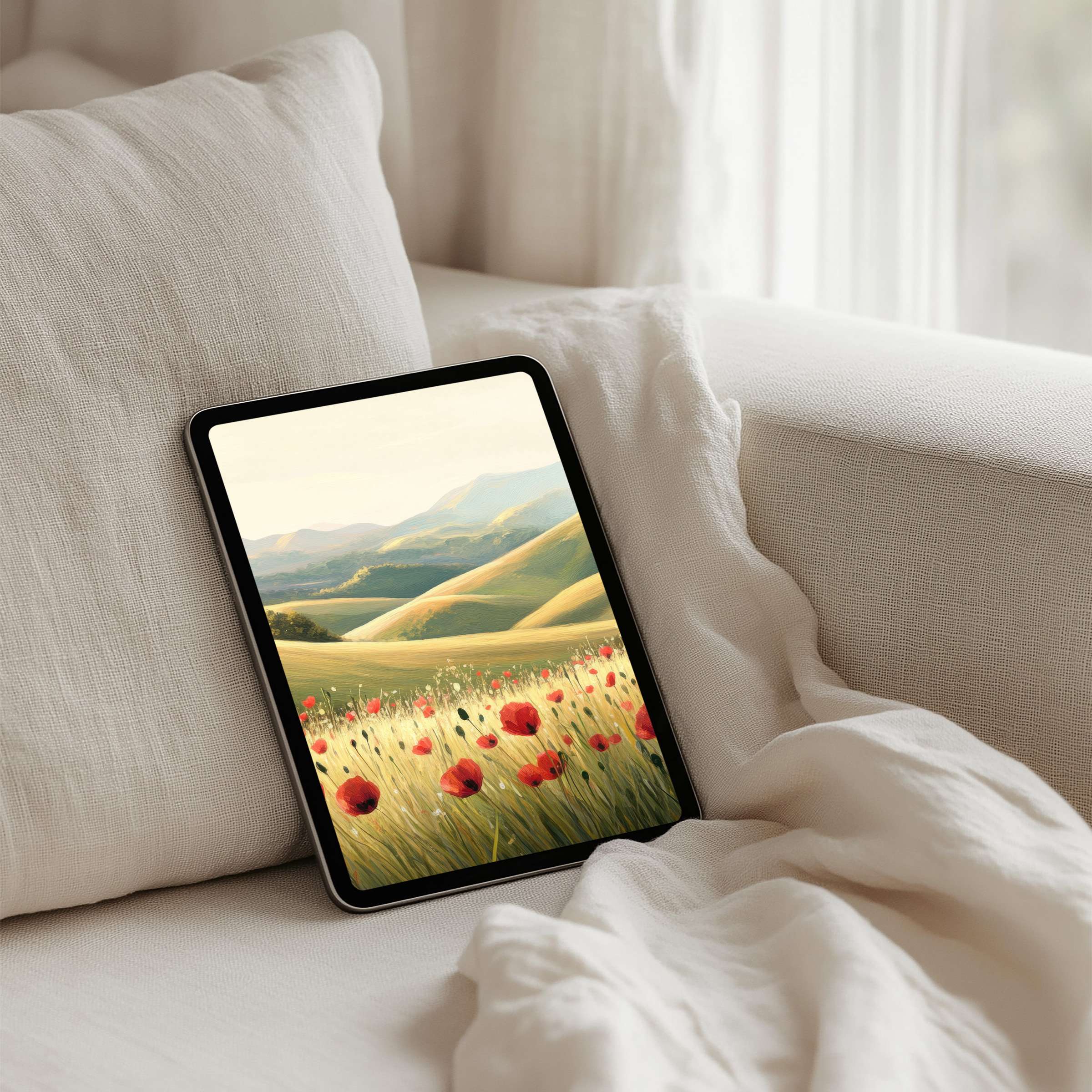 Elegant iPad background with serene poppy fields, inspiring calm and mindfulness, perfect for tablet instant download users seeking tranquility