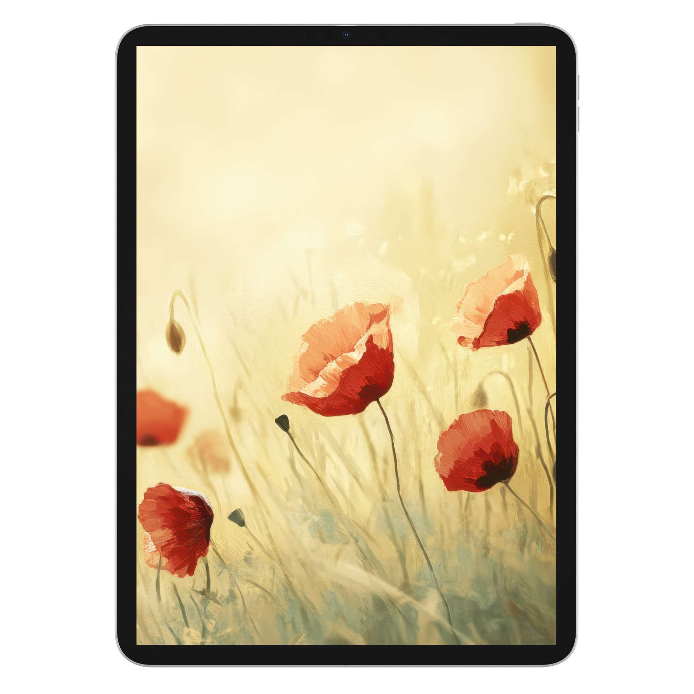 Elegant spring iPad wallpaper featuring vivid red poppies in a soft watercolor style, perfect digital download for tablet backgrounds