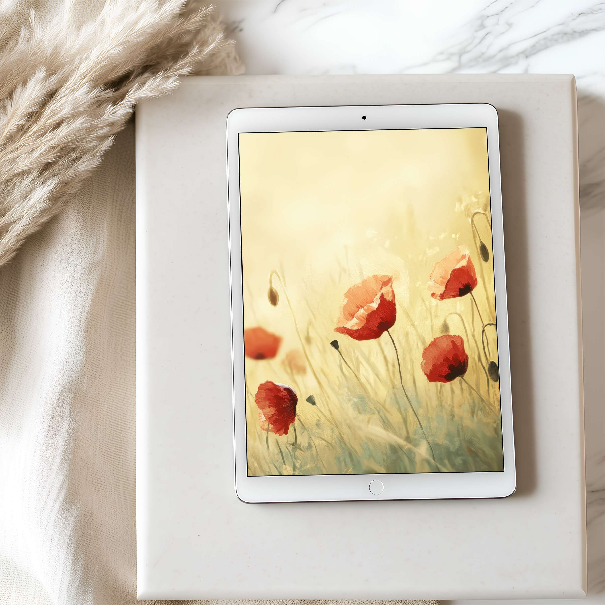Delicate red poppies in soft focus on tablet wallpaper evoke serenity, perfect for iPad or Android, offering a curated digital download