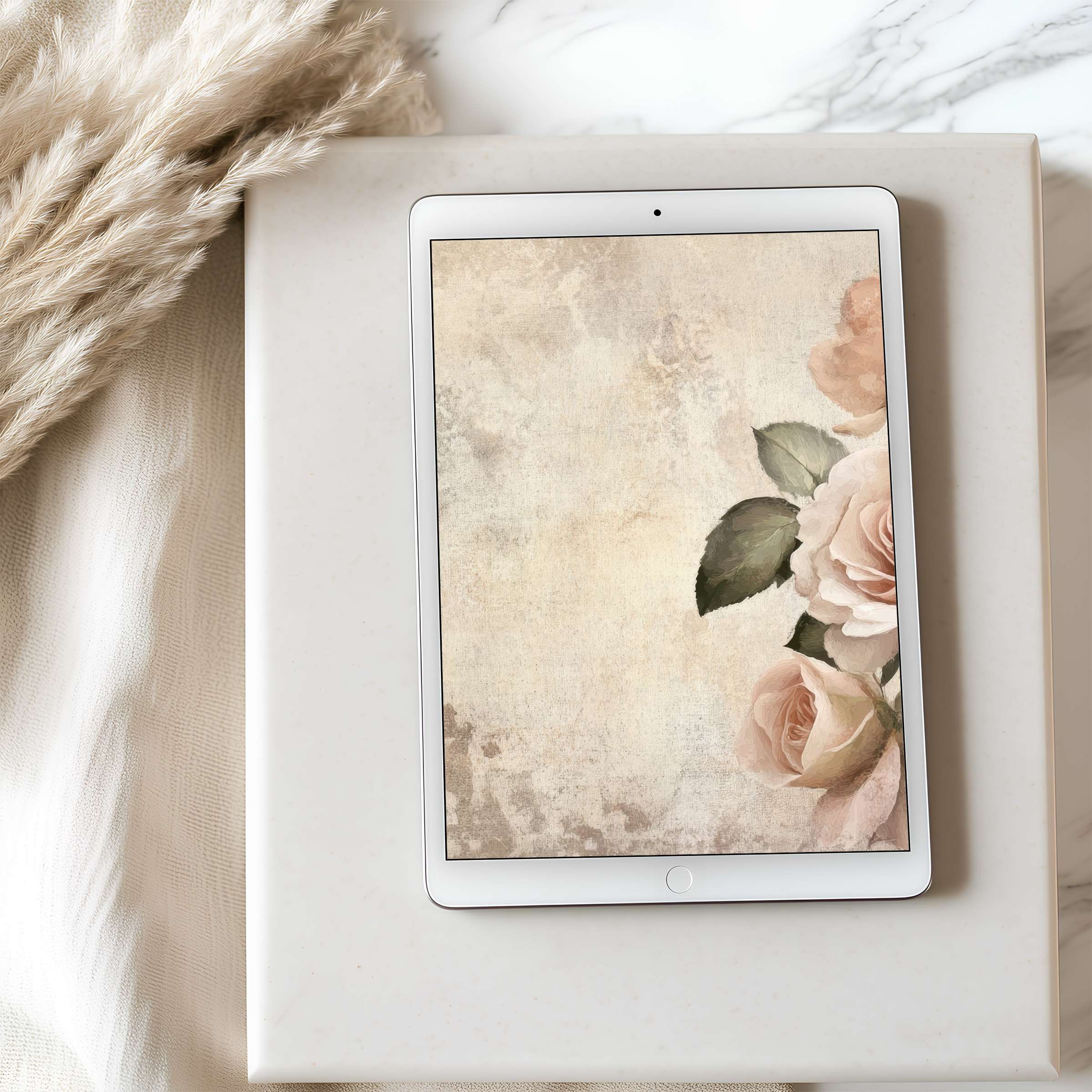 Elegant floral tablet wallpaper in soft pastels, perfect for a high-resolution iPad display, offering tranquility and digital download ease