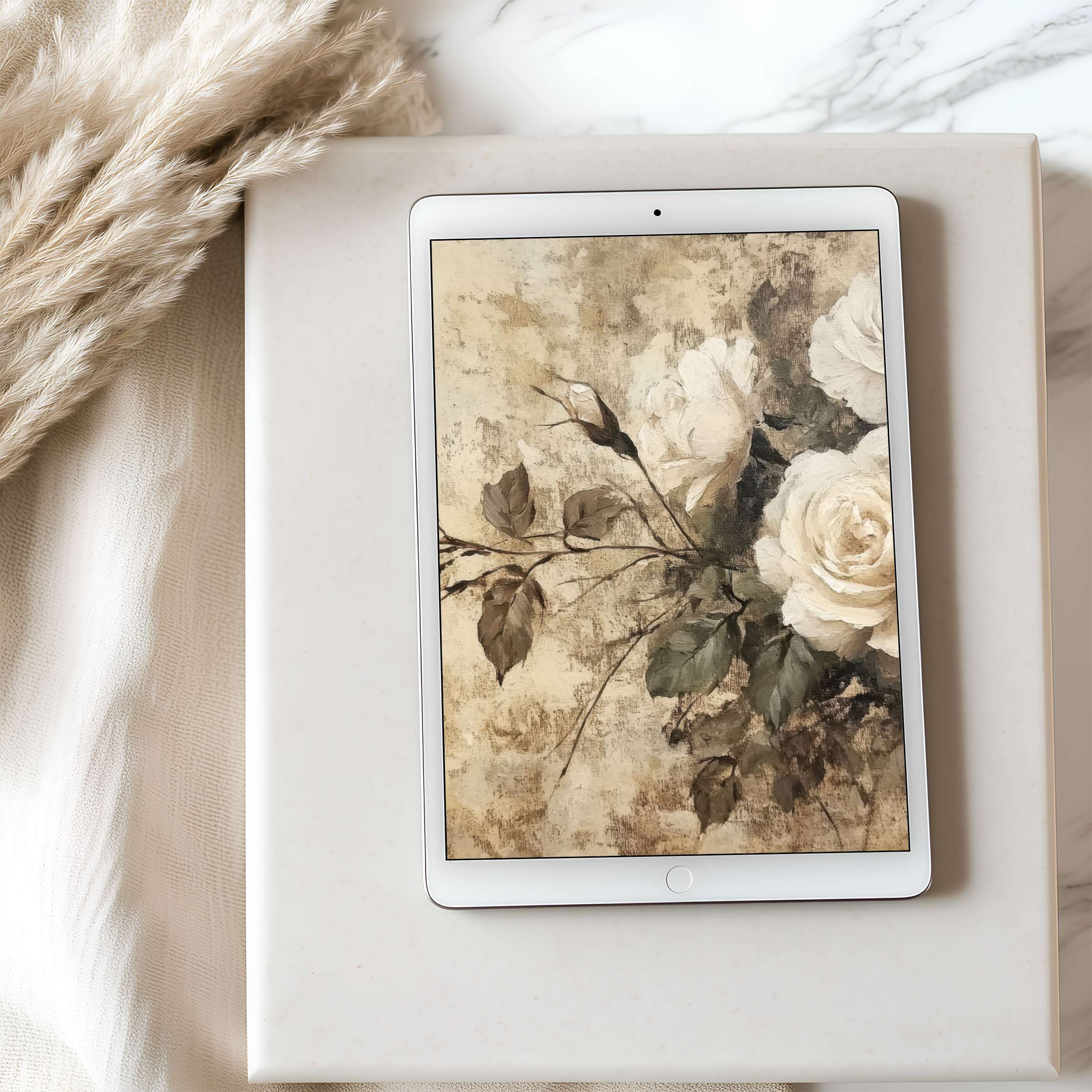 Elegant roses in vintage tones adorn this tablet wallpaper for iPad, offering serene aesthetics in high resolution as a digital download