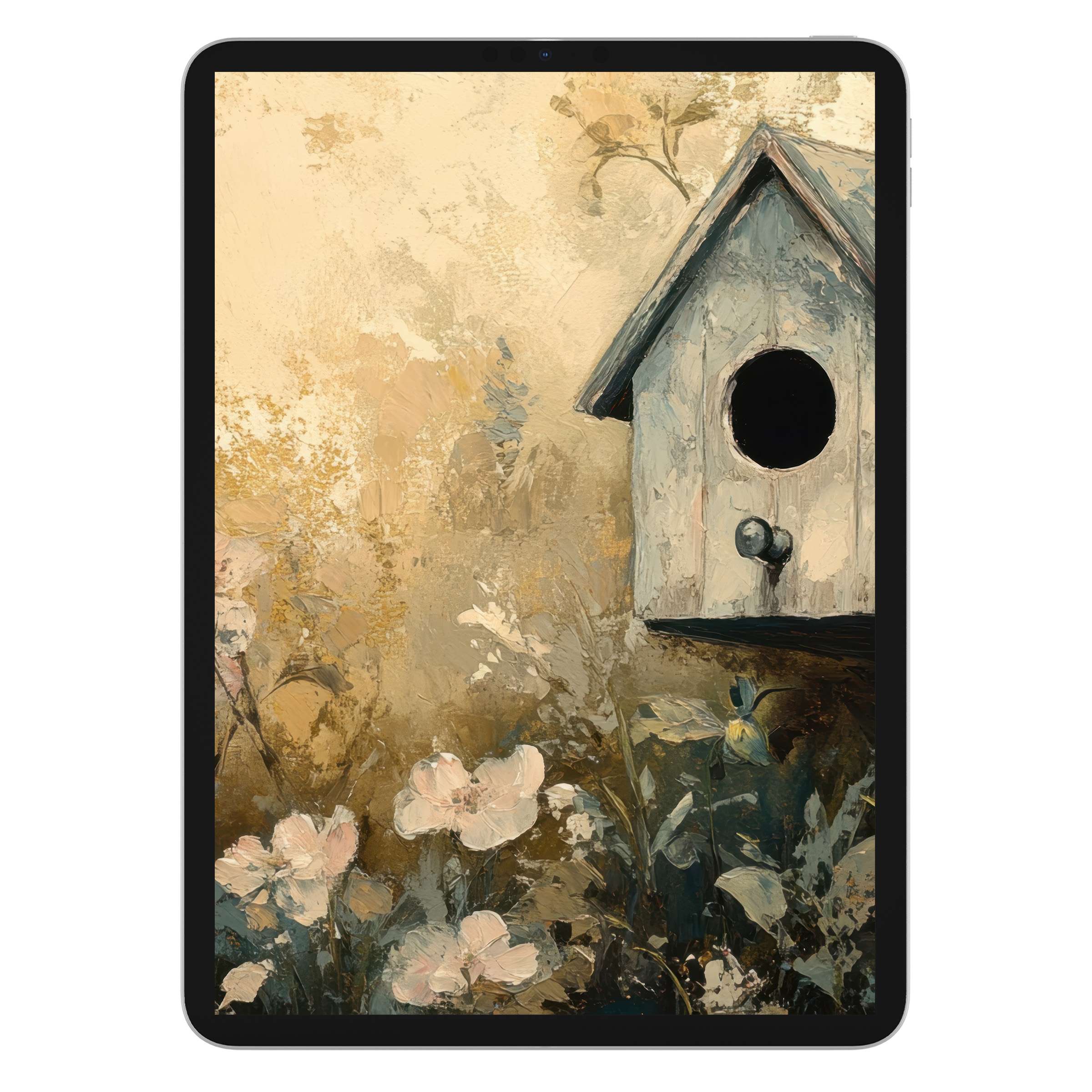 Elegant spring iPad wallpaper featuring a rustic birdhouse among soft florals, ideal digital download for tablet background tranquility